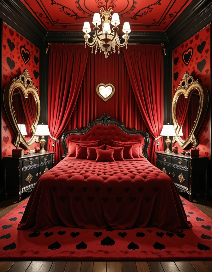 The lavish and eccentric bedroom of the Queen of Hearts, inspired by Alice in Wonderland, decorated in bold shades of red, black, and gold. At the center, a grand heart-shaped bed draped in velvet and silk dominates the room, surrounded by ornate furniture with heart motifs carved into the wood. Playing card symbols adorn the walls and floor, while oversized heart-shaped mirrors and gilded chandeliers reflect the warm crimson glow of candlelight. The atmosphere is whimsical, regal, and slightly menacing, filled with fantasy and extravagance, completely empty of people.bedroom of the Queen of H34rts <lora:bedroom_of_the_Queen_of_H34rts-i:1>, Masterpiece,best quality,hi res,8k,hi res,8k,award winning,(sharp focus, intricate, highly detailed),