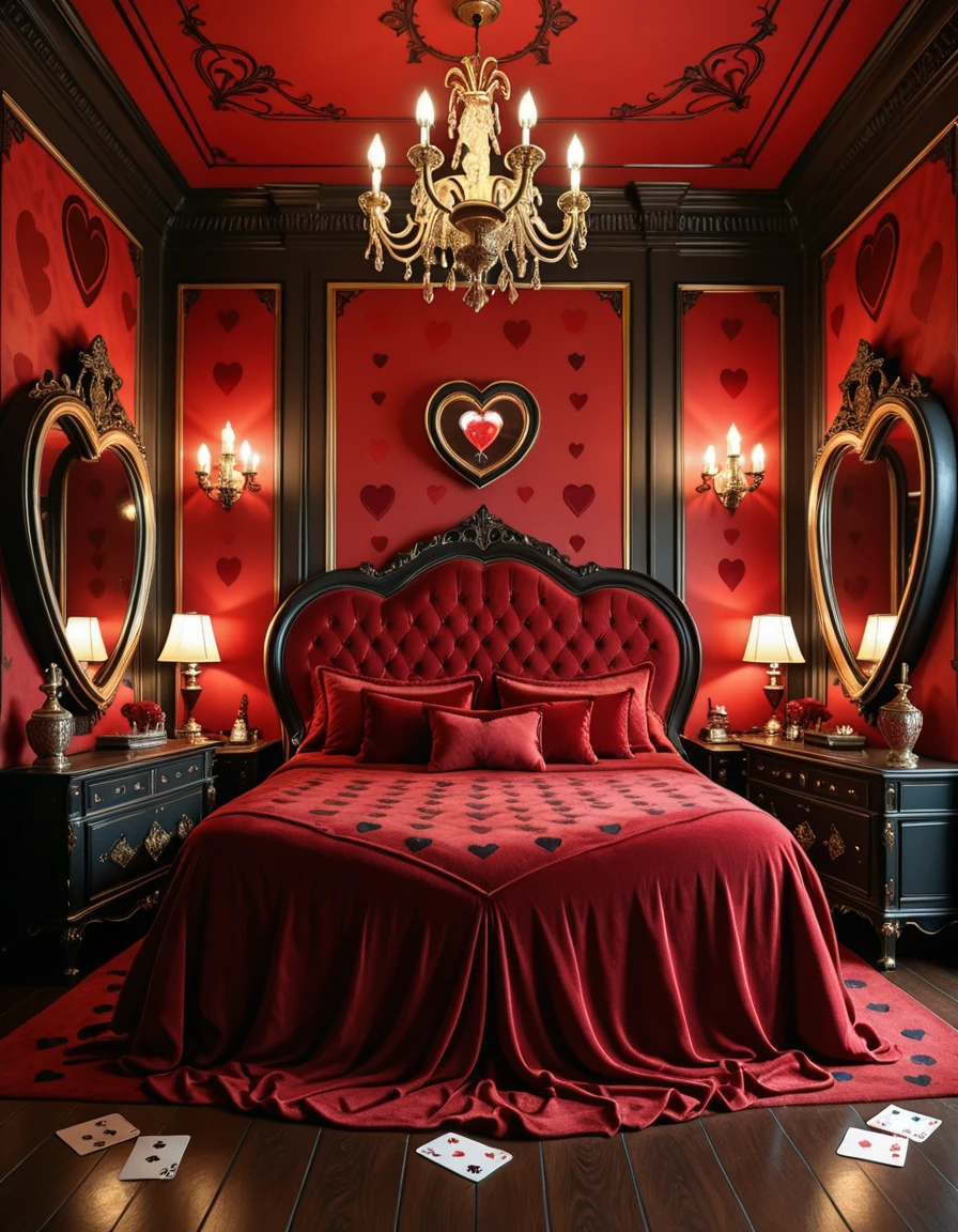 The lavish and eccentric bedroom of the Queen of Hearts, inspired by Alice in Wonderland, decorated in bold shades of red, black, and gold. At the center, a grand heart-shaped bed draped in velvet and silk dominates the room, surrounded by ornate furniture with heart motifs carved into the wood. Playing card symbols adorn the walls and floor, while oversized heart-shaped mirrors and gilded chandeliers reflect the warm crimson glow of candlelight. The atmosphere is whimsical, regal, and slightly menacing, filled with fantasy and extravagance, completely empty of people.bedroom of the Queen of H34rts <lora:bedroom_of_the_Queen_of_H34rts-i:1>, Masterpiece,best quality,hi res,8k,hi res,8k,award winning,(sharp focus, intricate, highly detailed),