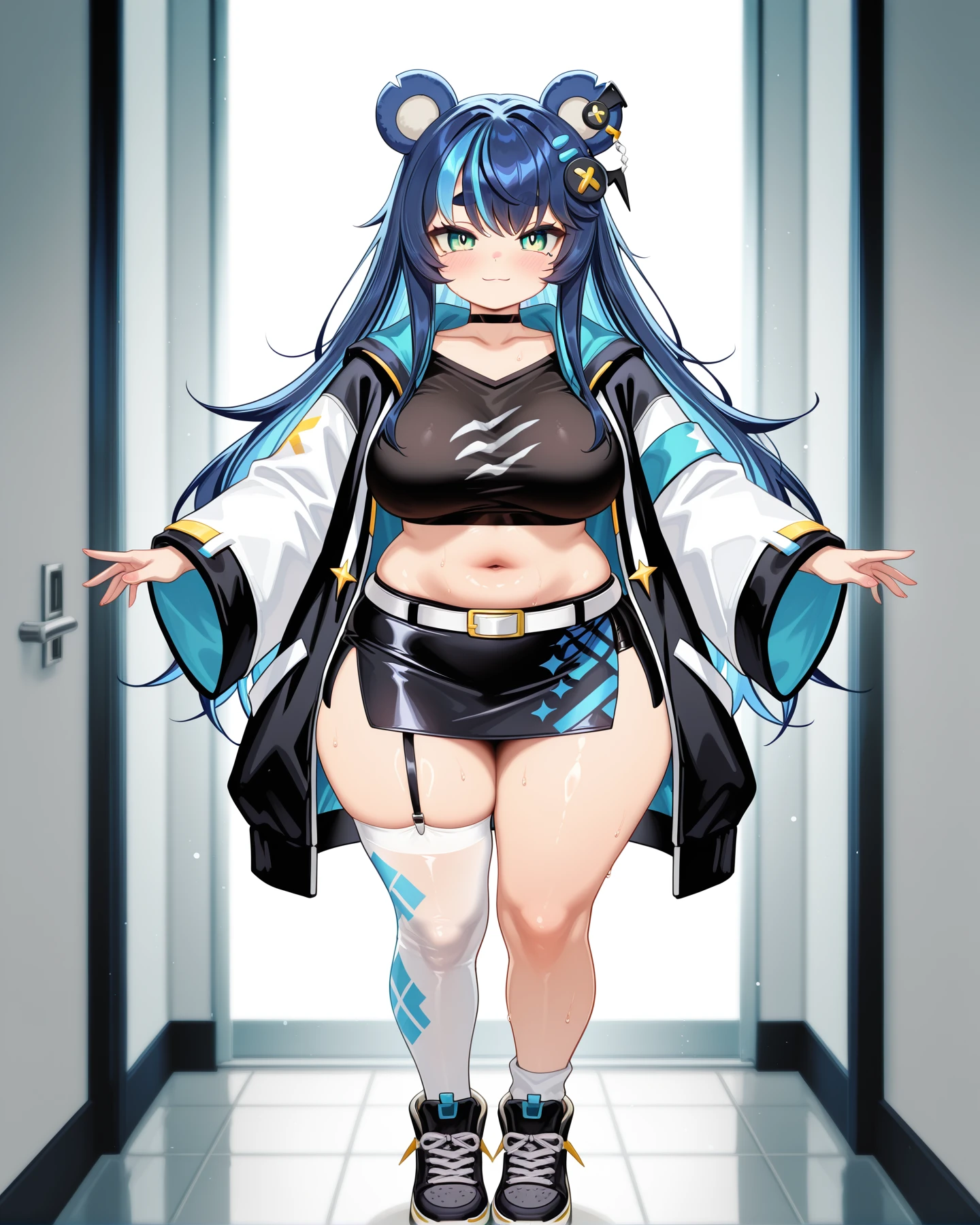 <lora:LECO-mature_female_XL(ill)v11:1> , <lora:Curvier:1>plump, thick thighs, wide hips, curvy,
 <lora:Fujikura_UrukaPC:1> FujUka, long hair, blue hair, streaked hair, blue bear ears, sidelocks, black hair ornament, cyan colored inner hair, large breasts, choker, collarbone, black shirt, midriff, navel, white belt, black pencil skirt, print skirt, asymmetrical legwear, white single thighhigh, single garter strap, black shoes, open black long jacket, two-tone jacket, hood down, white wide sleeves, white long sleeves,
full body, light smile,, IllusP0s, masterpiece, best quality, amazing quality, very aesthetic, absurdres, newest, Smooth_Quality