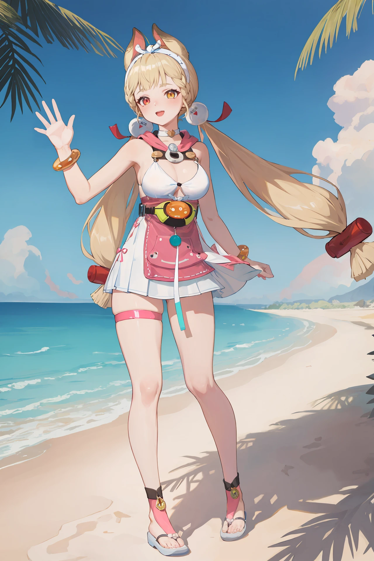 (best quality, masterpiece:1.2), <lora:Char-ZZZ-Alice-V1-SD1.5:0.9:hr=0.6>, 1girl, alice thymefield, heterochromia, solo, braided bangs, twintails, hair bobbles, white hairband, white choker, pink hood, dress swimsuit, utility belt, bracelet, wristwatch, thigh strap, flip-flops, waving, looking at viewer, smile, open mouth, standing, contrapposto, full body, outdoors, beach, ocean, blue sky, cumulonimbus cloud, depth of field, depth of field