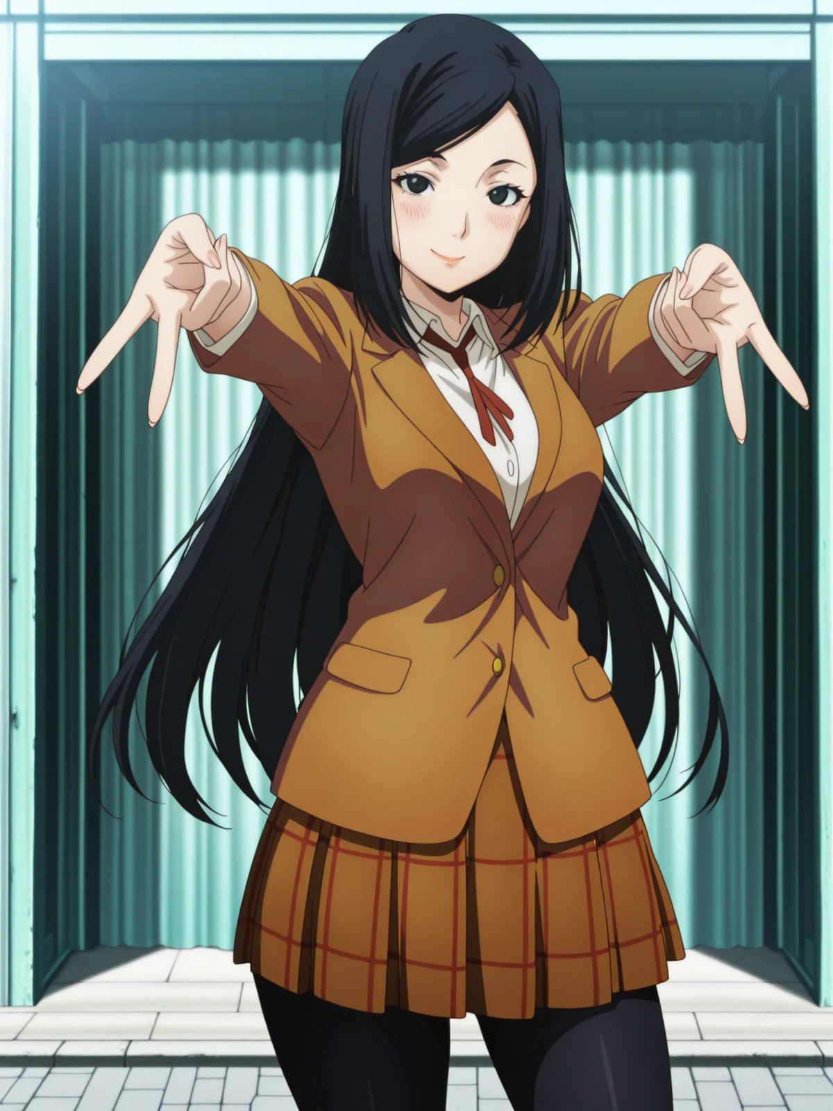 masterpiece, best quality, amazing quality,, <lora:mari-kurihara-s1-illustriousxl-lora-nochekaiser:1>, mari kurihara, long hair, black hair, black eyes, mature female, medium breasts, anime screencap, skirt, jacket, pantyhose, plaid, plaid skirt, blazer,, <lora:double-gyaru-v-illustriousxl-lora-nochekaiser:1>, doublegyaruv, solo, looking at viewer, blush, smile, standing, cowboy shot, double v,, amphitheater, seats, outdoor, stage, large, cowboy shot, solo, looking at viewer,