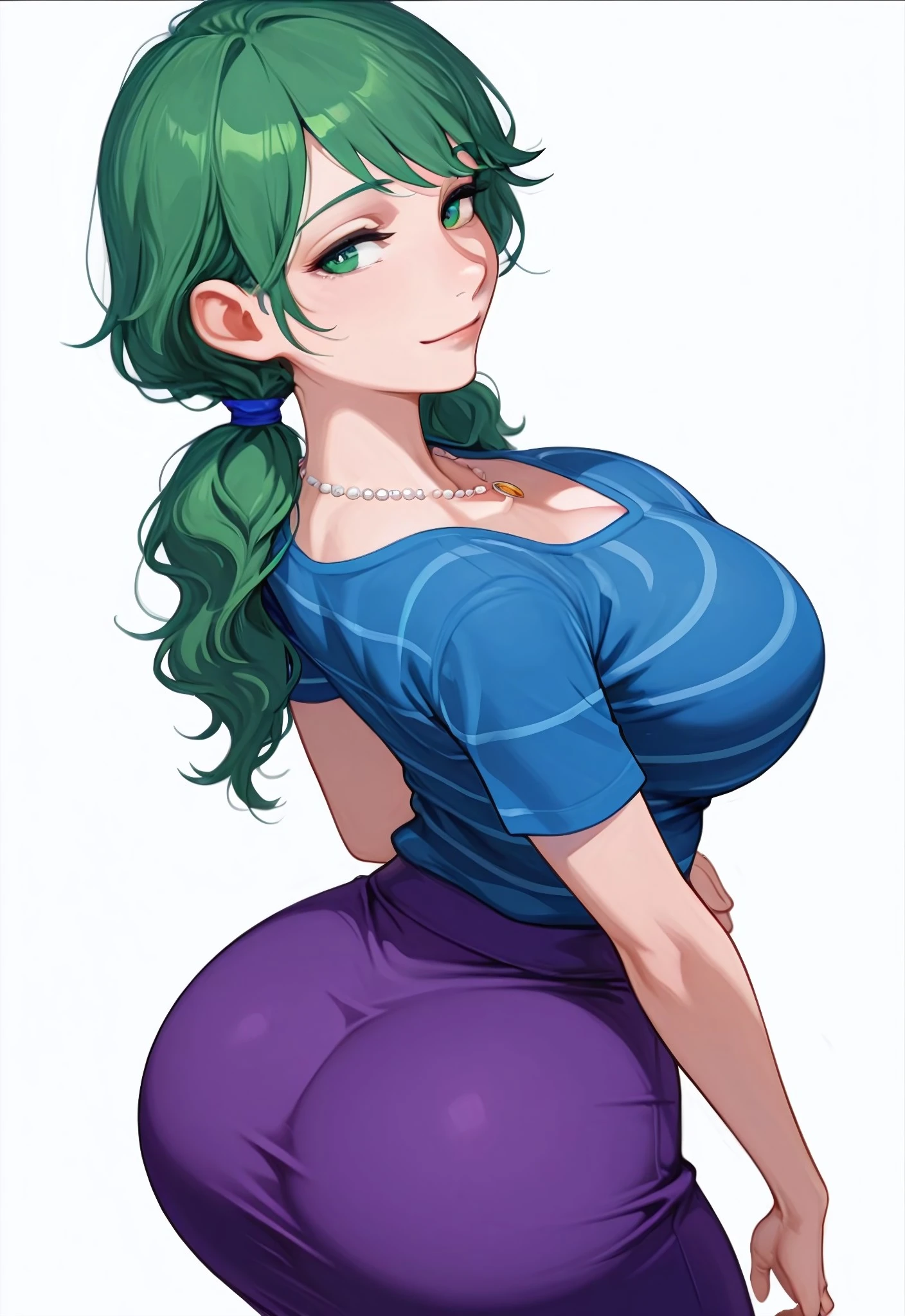 <lora:C4r0l1n3_sdv:1> score_9, score_8_up, score_7_up, score_6_up,  masterpiece, best quality, very awa, beautiful eyes, simple background, white background, upper body,      Dynamic pose, dynamic angle, feet out of frame, rear view, 
1girl, solo,standing,looking back at viewer, light smile,     
caroline_sdv, green eyes, green hair, low-tied twintails, blue hair ties, necklace, jewelry, blue striped shirt, short sleeves, long purple skirt, , wide , mature female, round , 