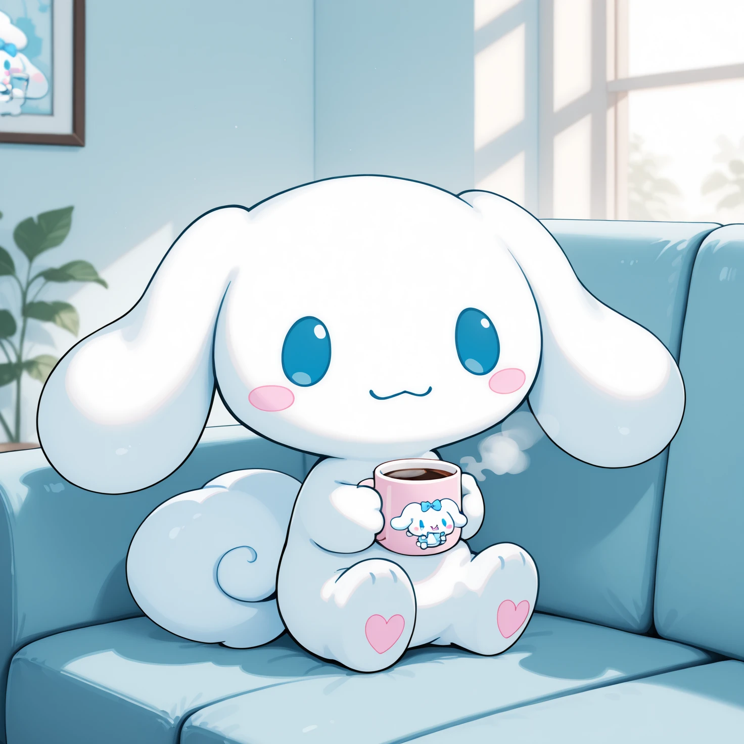 cinnamoroll, sanrio, light smile, holding cup, coffee mug, indoors, sitting on couch, solo