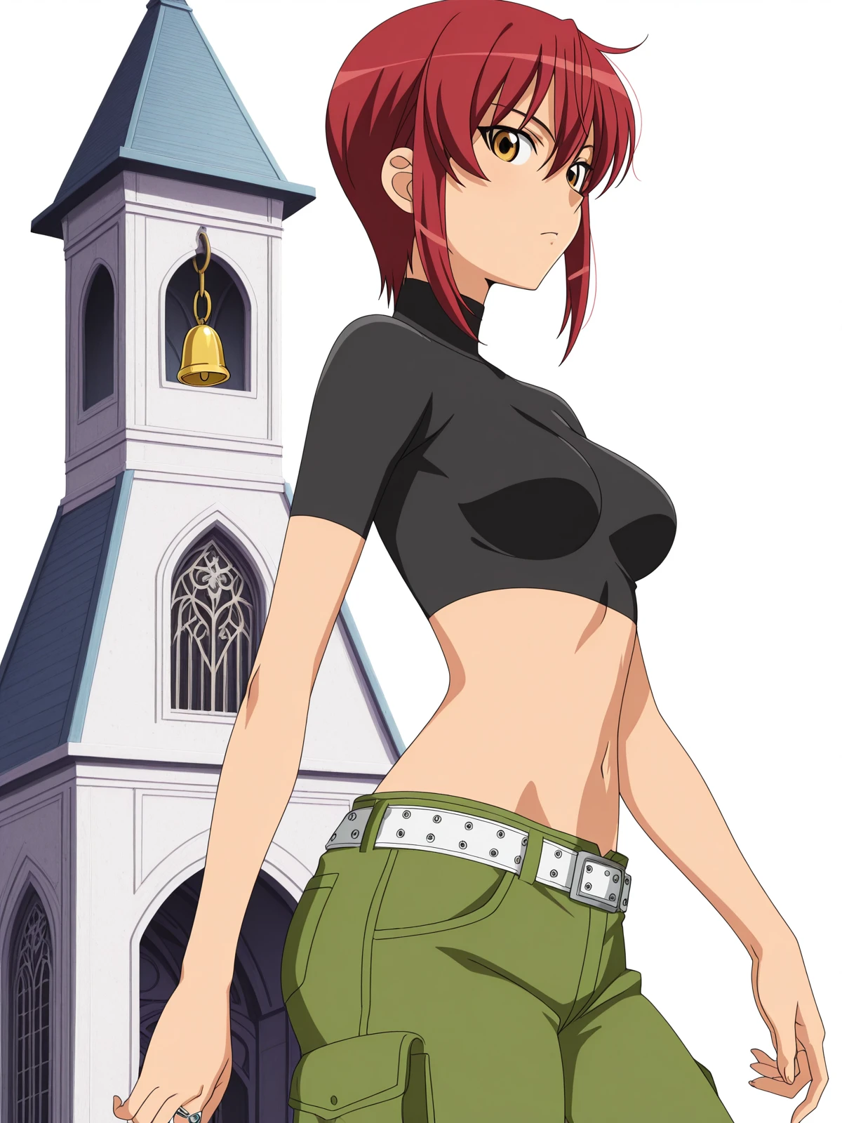 masterpiece, best quality, amazing quality,, <lora:riza-wildman-s1-illustriousxl-lora-nochekaiser:1>, riza wildman, short hair, brown eyes, red hair, hair between eyes, sidelocks, mature female, medium breasts, anime screencap, shirt, short sleeves, midriff, belt, pants, crop top, cropped shirt, green pants, black shirt, turtleneck,, from side, bell tower, bells, height, church, ring, cowboy shot, solo, looking at viewer, <lora:transparent-background-illustriousxl-lora-nochekaiser:1>, transparent background, simple background, white background