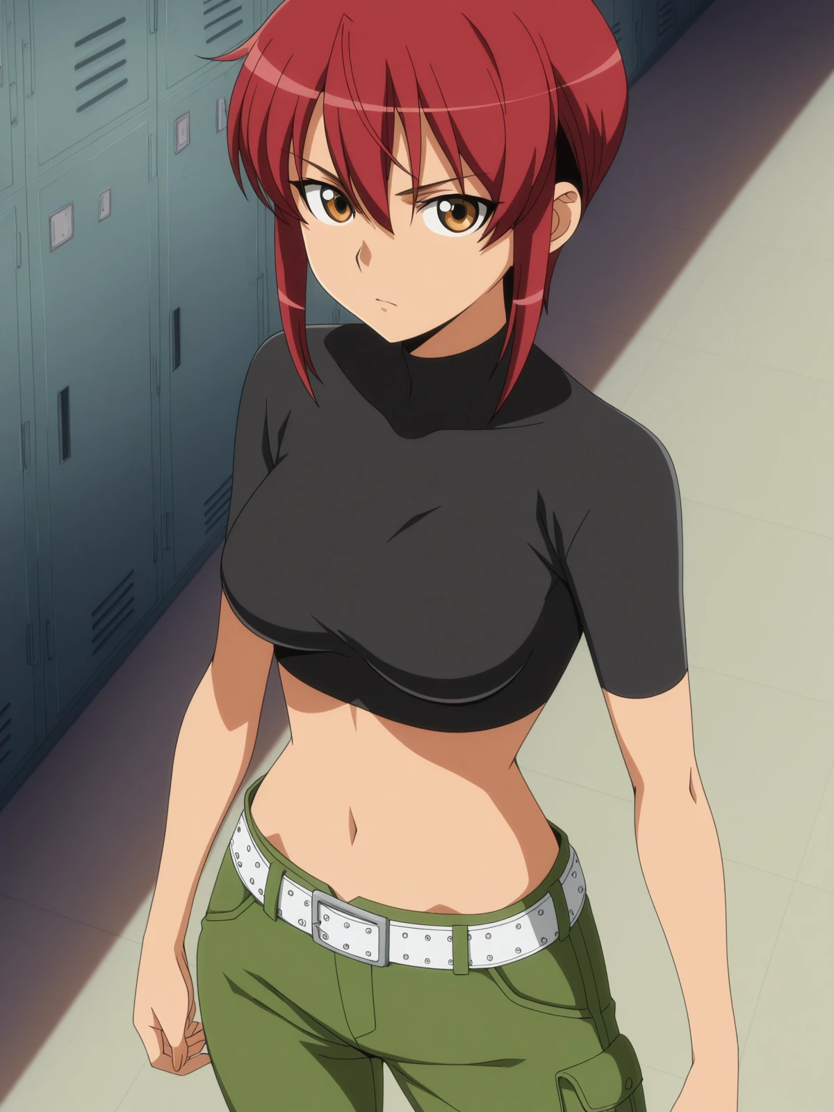 masterpiece, best quality, amazing quality,, <lora:riza-wildman-s1-illustriousxl-lora-nochekaiser:1>, riza wildman, short hair, brown eyes, red hair, hair between eyes, sidelocks, mature female, medium breasts, anime screencap, shirt, short sleeves, midriff, belt, pants, crop top, cropped shirt, green pants, black shirt, turtleneck,, from above,, school hallway, lockers, between classes, everyday life, cowboy shot, solo, looking at viewer,