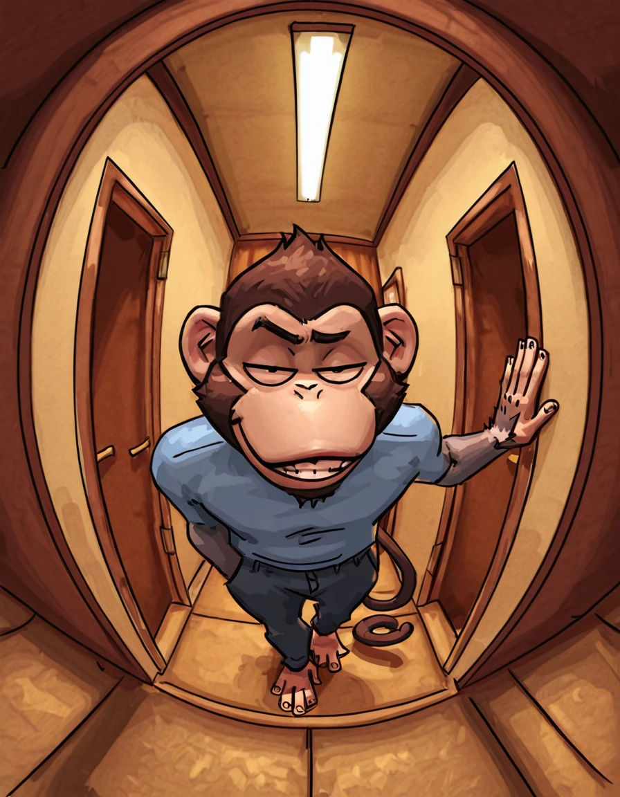 score_9, score_8_up, score_7_up, redustheriotact, anthro, monkey, male, smirk, raised eyebrow, fisheye view, corridor