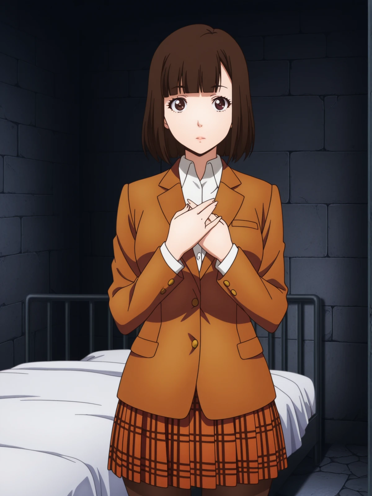 masterpiece, best quality, amazing quality,, <lora:chiyo-kurihara-s1-illustriousxl-lora-nochekaiser:1>, chiyo kurihara, brown hair, brown eyes, short hair, bangs, blunt bangs, mature female, medium breasts, anime screencap, skirt, jacket, pantyhose, plaid, plaid skirt, blazer,, hands on own chest,, prison cell, bars, bed, stone_walls, isolation, cowboy shot, solo, looking at viewer,