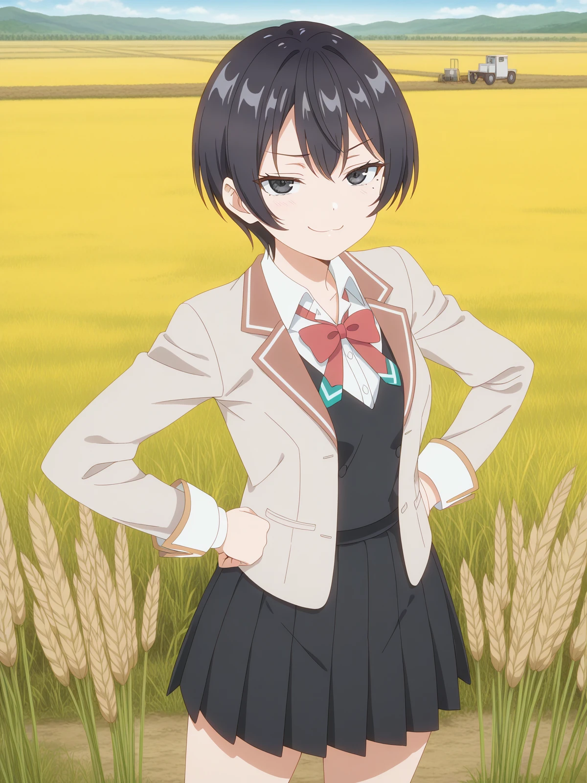 masterpiece, best quality, amazing quality,, <lora:chisaki-sarashina-s1-illustriousxl-lora-nochekaiser:1>, chisaki sarashina, black eyes, black hair, mole, mole under eye, short hair, mature female, small , anime screencap, shirt, bow, jacket, white shirt, collared shirt, bowtie, red bow, blazer, red bowtie, black skirt, pleated skirt,, smug, hands on own hip,, field, grass, open_space, farming, crops, cowboy shot, solo, looking at viewer,