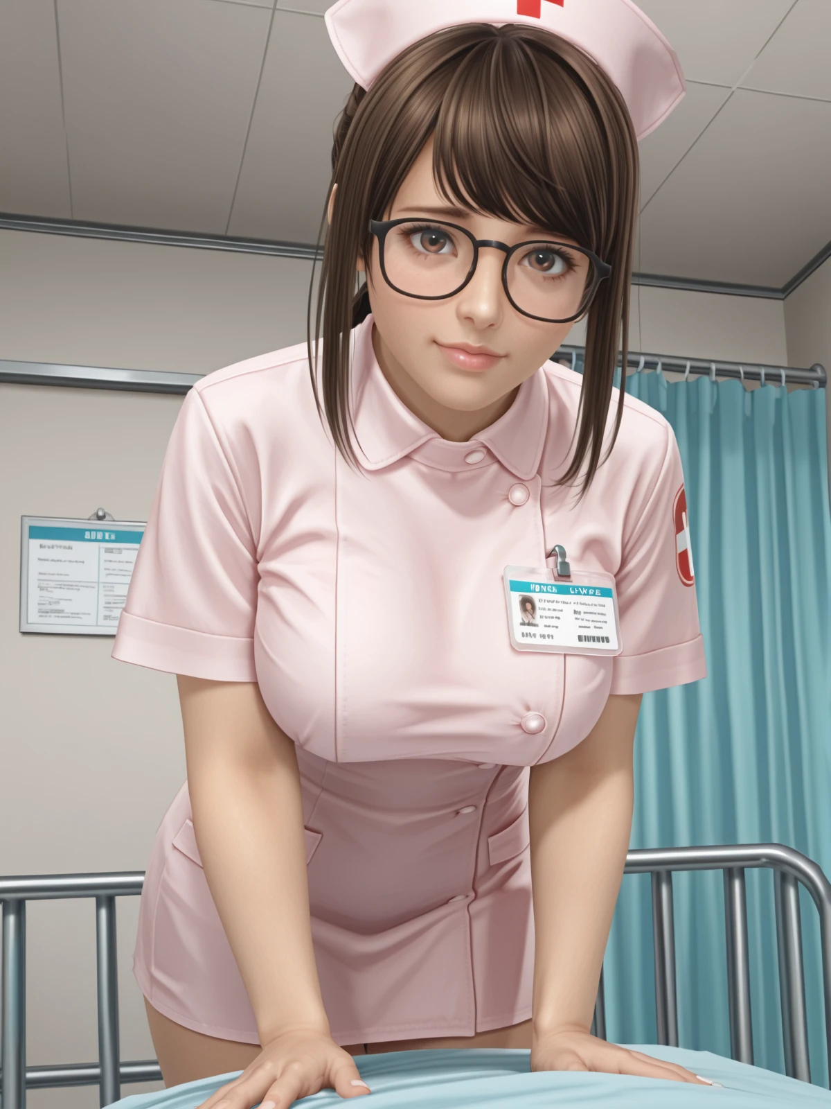 tsukushi \(doax vv\),brown hair,brown eyes,glasses,large breasts,nurse,