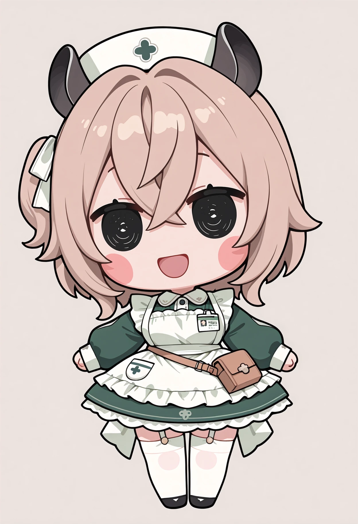 masterpiece, best quality, 1girl, solo, light brown hair, medium hair, crossed bangs, one side up, hair ribbon, white ribbon, animal ears, white hat, collared dress, green dress, long sleeves, frilled apron, id card, satchel, pocket, garter straps, white thighhighs, chibi, full body, blush stickers, black eyes, simple background, :d, smile, open mouth, <lora:style_beegsmol_noobAIXL11EPS-GLoRA:1>, <lora:ChamNimiNightmareV3Noob:1>