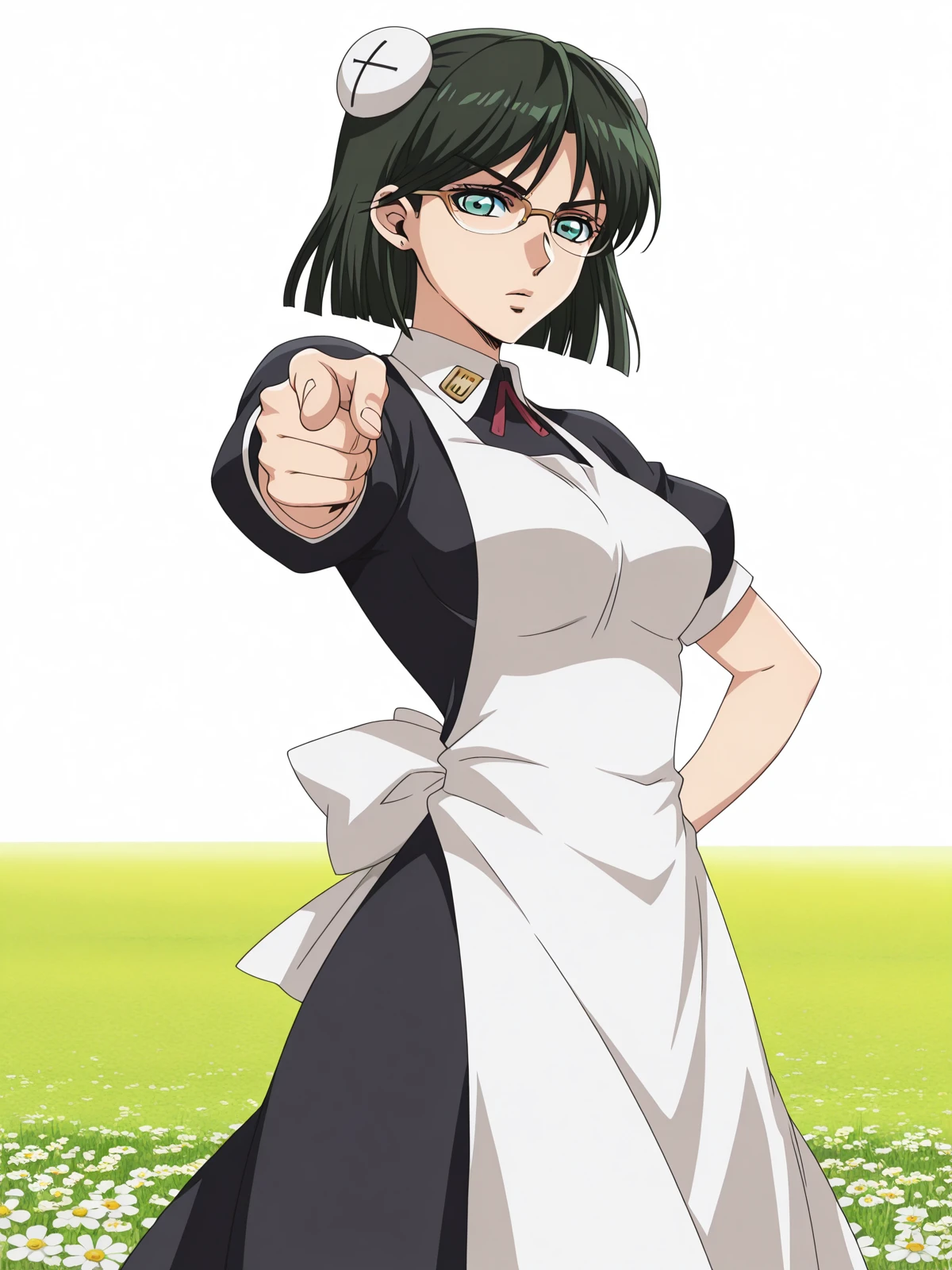 masterpiece, best quality, amazing quality,, <lora:kaibutsuoujo-francisca-s1-illustriousxl-lora-nochekaiser:1>, francisca, short hair, black hair, green eyes, green hair, glasses, bun cover, mature female, medium breasts, anime screencap, apron, maid,, <lora:jotaro-kujo-pose-illustriousxl-lora-nochekaiser:1>, jotaro kujo pose, kujo jotaro's pose (jojo), jojo pose, pointing, pointing at viewer, cowboy shot, meadow, grass, flowers, open, sunlight, cowboy shot, solo, looking at viewer, <lora:transparent-background-illustriousxl-lora-nochekaiser:1>, transparent background, simple background, white background