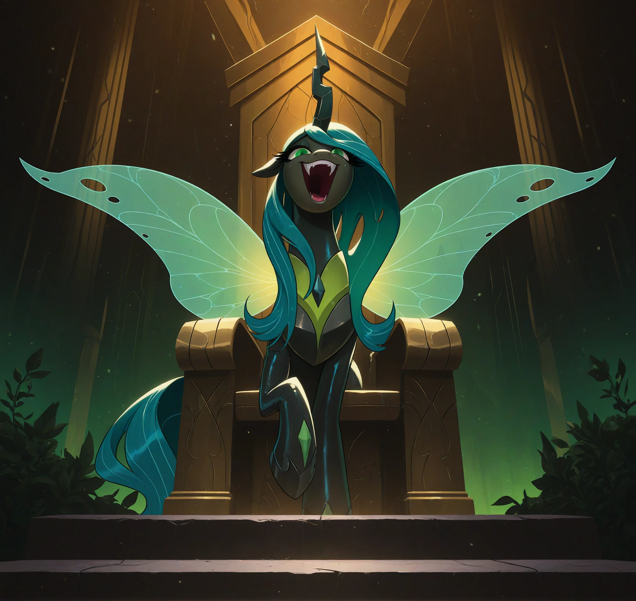<lora:Light262_Style_Illustrious_r1:0.8> light262, light-cavern, masterpiece, best quality, 2024, 2023, hi res, hasbro, pony, my little pony, queen chrysalis \(mlp\), feral, insect wings, fangs, green eyes, one leg raised, BREAK detailed background in canterlot throne room, silhouette shot, backlighting, joyful, laughing