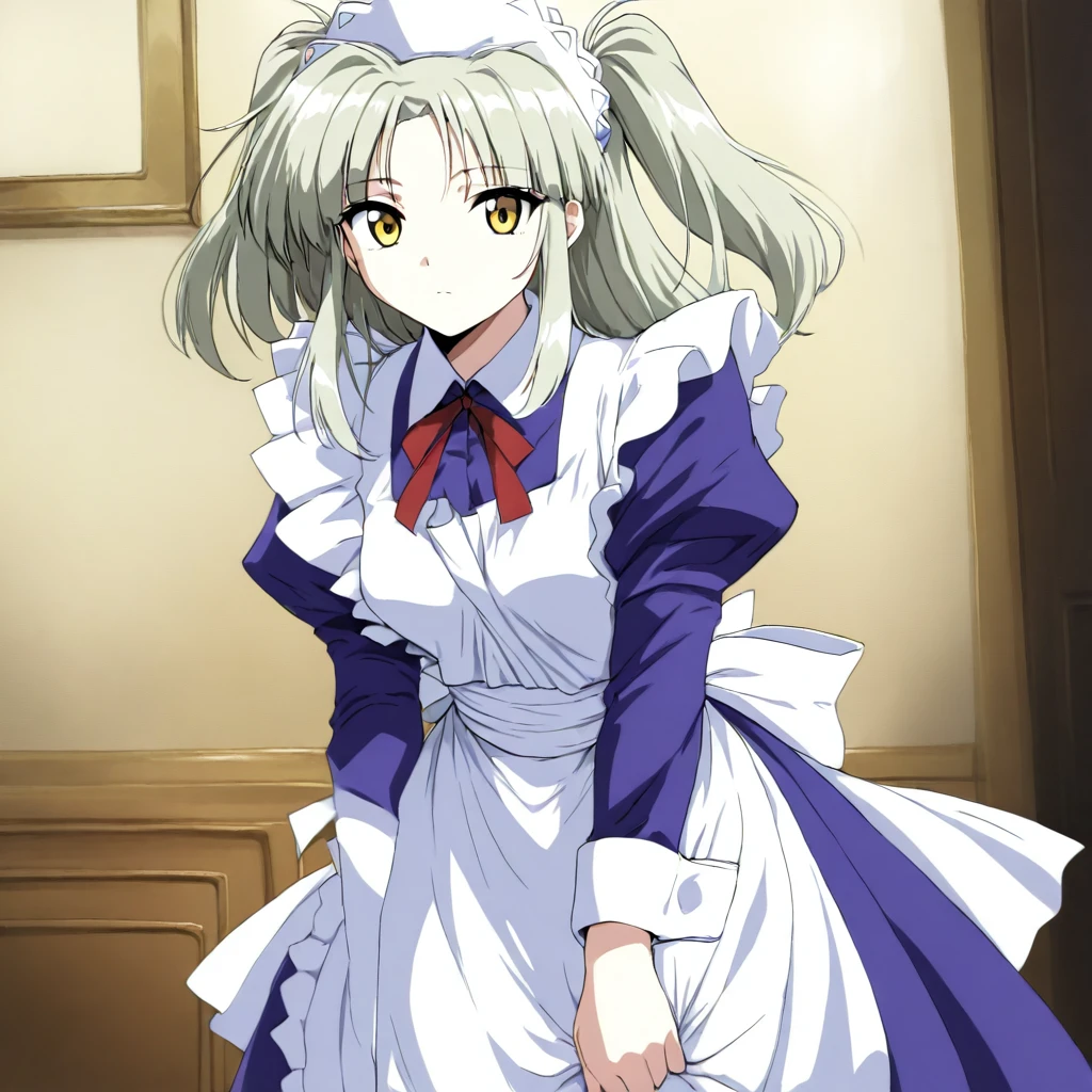 masterpiece,high score,great score,absurdres,solo,looking at viewer,cowboy_shot,<lora:MyleneTrantoul ag4o:1> mylenetrantoul, grey hair, two side up, yellow eyes,maid headdress,maid,apron,