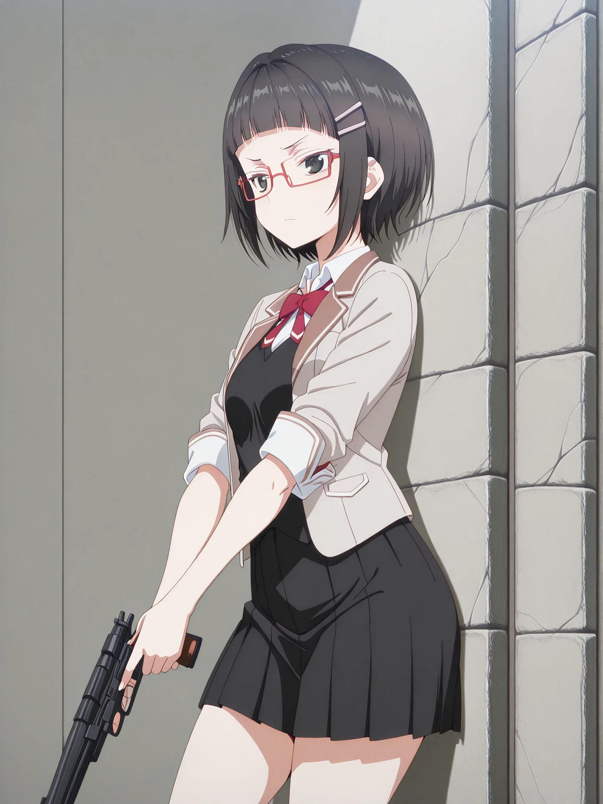 masterpiece, best quality, amazing quality,, <lora:sayaka-taniyama-s1-illustriousxl-lora-nochekaiser:1>, sayaka taniyama, black eyes, black hair, short hair, bangs, blunt bangs, hair clip, glasses, red-framed eyewear, mature female, small breasts, anime screencap, shirt, bow, jacket, white shirt, collared shirt, bowtie, red bow, blazer, red bowtie, black skirt, pleated skirt,, <lora:holding-gun-against-wall-illustriousxl-lora-nochekaiser:1>, holding gun against wall, solo, holding, closed mouth, standing, holding weapon, gun, holding gun, against wall, looking to the side, wall, cowboy shot,, well, water, stone, old, deep, cowboy shot, solo, looking at viewer, <lora:transparent-background-illustriousxl-lora-nochekaiser:1>, transparent background, simple background, white background