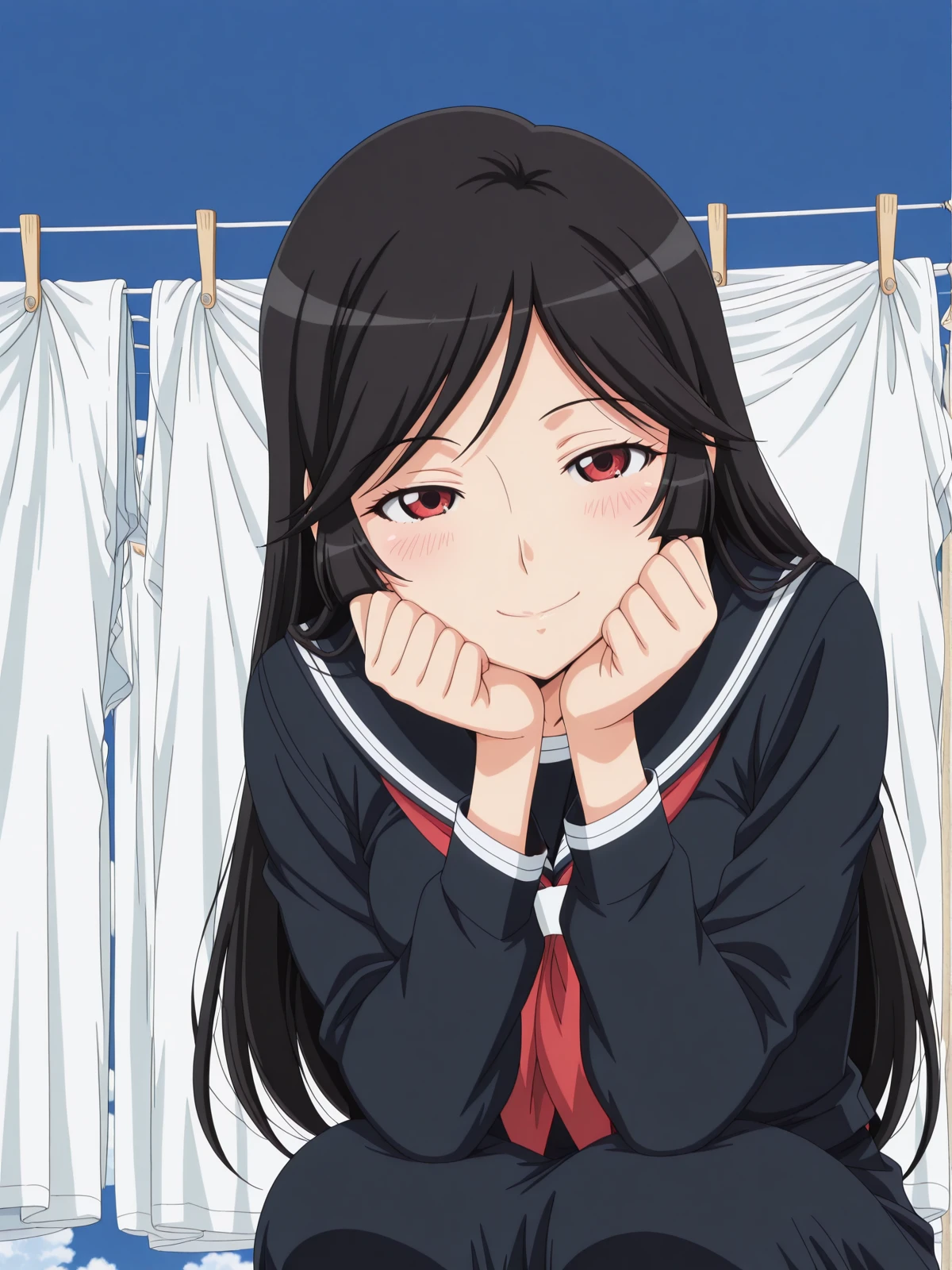 masterpiece, best quality, amazing quality,, <lora:reiri-kamura-s1-illustriousxl-lora-nochekaiser:1>, reiri kamura, long hair, black hair, red eyes, hime cut, mature female, , anime screencap, serafuku, black serafuku, red neckerchief,, <lora:amane-himeno-photoshoot-illustriousxl-lora-nochekaiser:1>, amane himeno photoshoot, solo, looking at viewer, blush, smile, closed mouth, squatting, head rest,, laundry day, clothesline, drying clothes, domestic life, fresh air, blue sky, cowboy shot, solo, looking at viewer, <lora:transparent-background-illustriousxl-lora-nochekaiser:1>, transparent background, simple background, white background