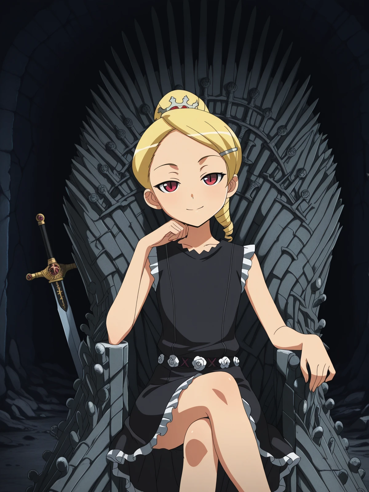 masterpiece, best quality, amazing quality,, <lora:kaibutsuoujo-sherwood-s1-illustriousxl-lora-nochekaiser:1>, sherwood, blonde hair, hair ornament, red eyes, ponytail, hairclip, drill hair, anime screencap, dress, flower, black dress, black dress, skirt, frilled skirt, black skirt, sleeveless, sleeveless dress, <lora:iron-throne-illustriousxl-lora-nochekaiser:1>, iron throne, sitting, looking at viewer, sword, throne, sitting on throne, smile, feet out of frame, elbow rest, crossed legs, bunker, underground, secure, concrete, dark, cowboy shot, solo, looking at viewer,