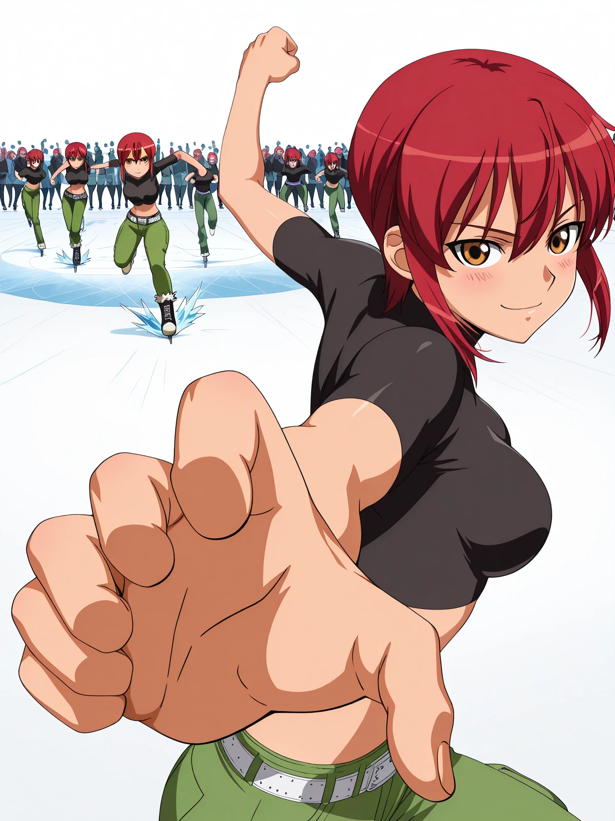masterpiece, best quality, amazing quality,, <lora:riza-wildman-s1-illustriousxl-lora-nochekaiser:1>, riza wildman, short hair, brown eyes, red hair, hair between eyes, sidelocks, mature female, medium breasts, anime screencap, shirt, short sleeves, midriff, belt, pants, crop top, cropped shirt, green pants, black shirt, turtleneck,, <lora:pepe-punch-illustriousxl-lora-nochekaiser:1>, pepe punch, looking at viewer, blush, smile, simple background, closed mouth, clenched fist, foreshortening, punching, incoming punch, incoming attack, skating rink, ice, people, winter, fun, cowboy shot, solo, looking at viewer, <lora:transparent-background-illustriousxl-lora-nochekaiser:1>, transparent background, simple background, white background