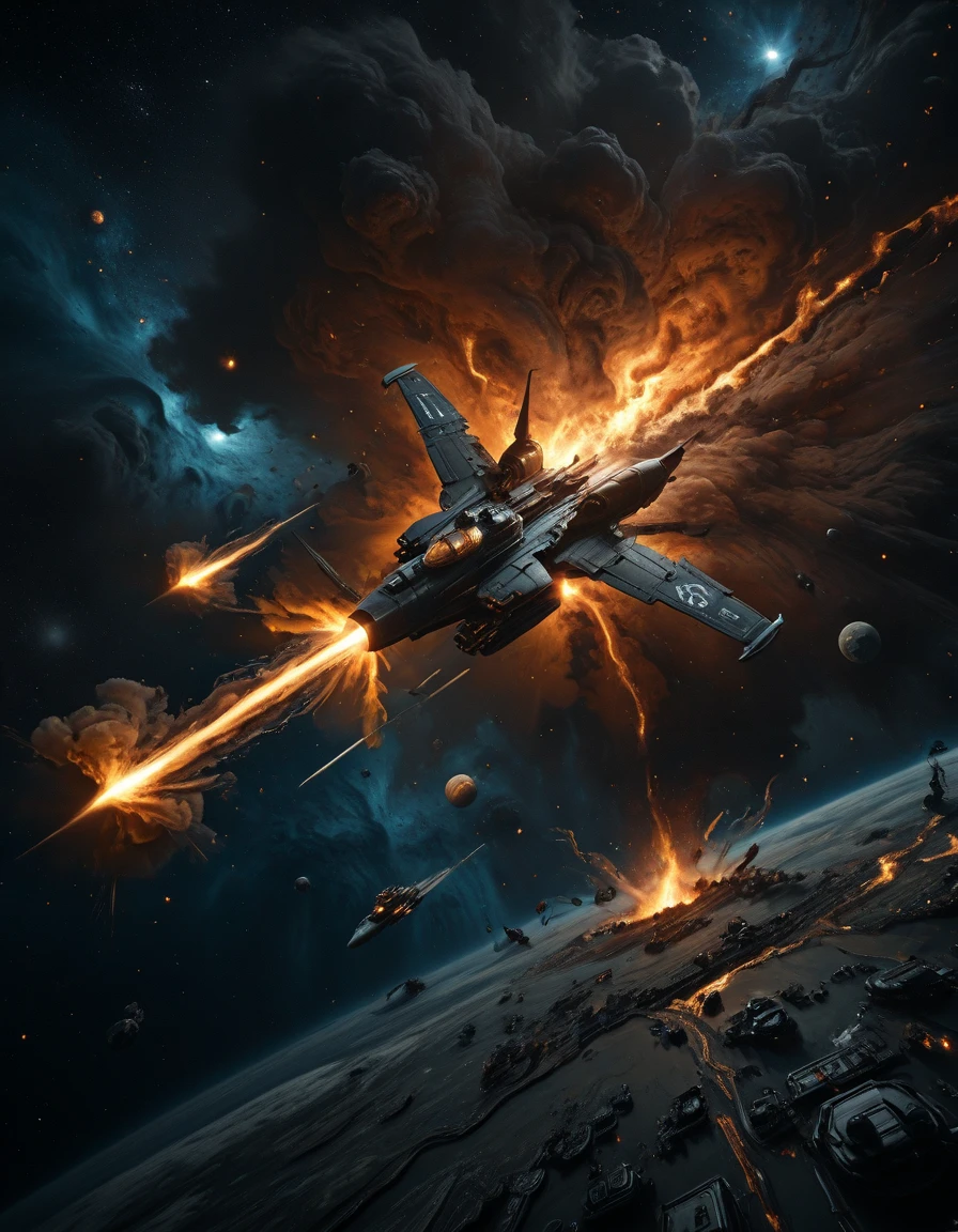 <lora:Gold_dream_ill:0.8> gdv1, starships clashing in deep space, enormous battleships firing beams of energy, countless smaller fighters weaving through explosions, debris and shattered hulls drifting into the void, blazing plasma fire illuminating the darkness, epic cinematic scale, atmosphere of chaos and destruction, highly detailed, immersive space opera mood