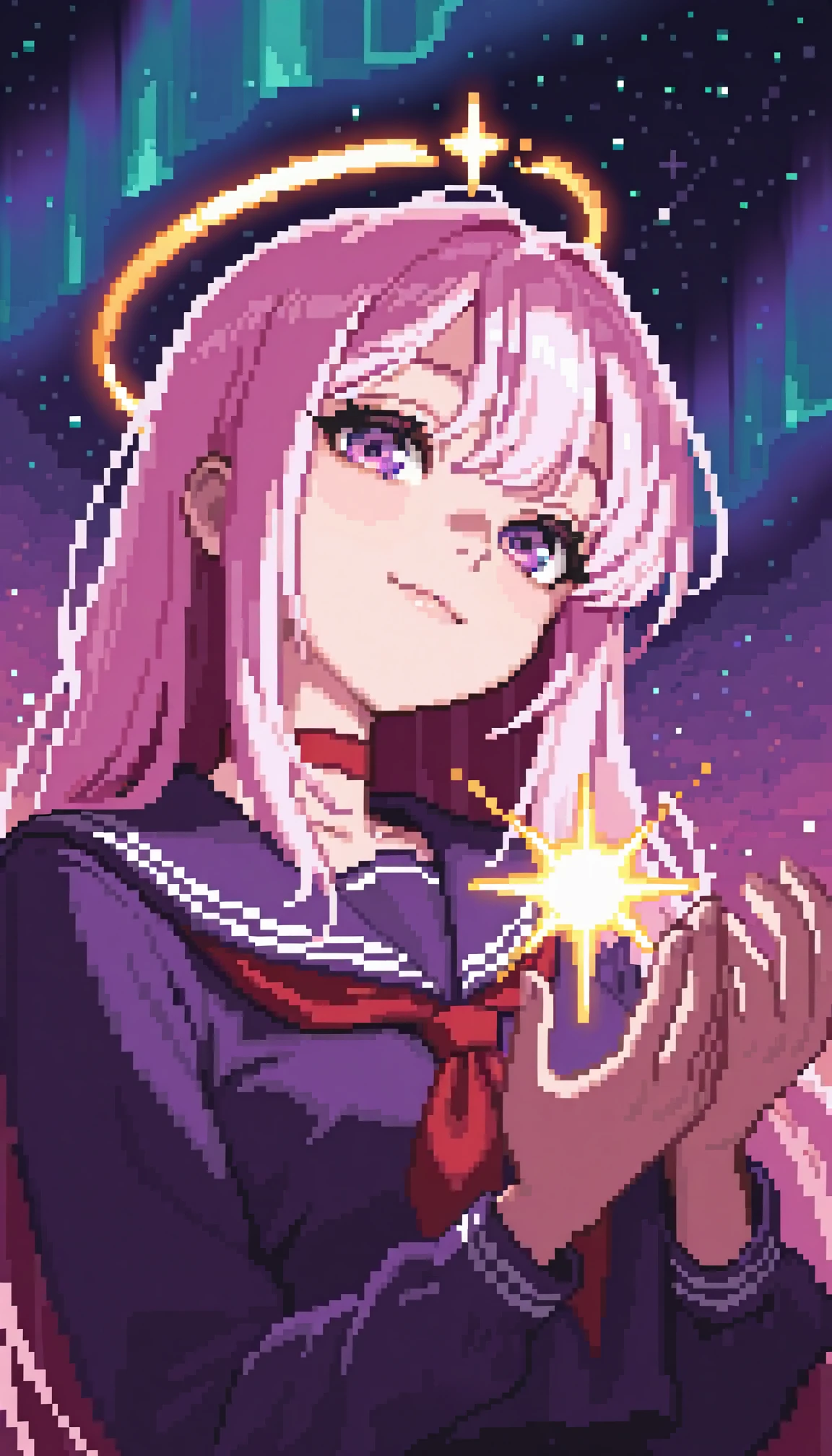 masterpiece, best quality, amazing quality, 4k, very aesthetic, ultra-detailed, (pixel art, dithering, pixelated, sprite art, 8-bit:1.2), 1girl, solo, cute, pink hair, long hair, choppy bangs, long sidelocks, nebulae cosmic purple eyes, rimlit eyes, facing to the side, looking at viewer, downturned eyes, light smile, red annular solar eclipse halo, red choker, detailed purple serafuku, big red neckerchief, fingers, glowing stars in hand, arched back, from below, dutch angle, portrait, upper body, head tilt, colorful, rim light, backlit, (colorful light particles:1.2), cosmic sky, aurora, chaos, perfect night, fantasy background, BREAK, detailed background, volumetric lighting