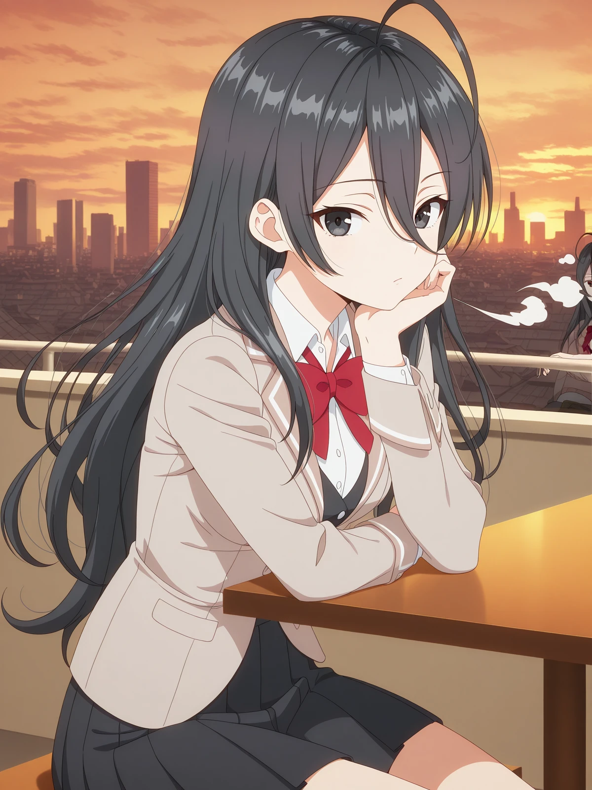 masterpiece, best quality, amazing quality,, <lora:ayano-kimishima-s1-illustriousxl-lora-nochekaiser:1>, ayano kimishima, black hair, black eyes, ahoge, long hair, hair between eyes, mature female, small breasts, anime screencap, shirt, bow, jacket, white shirt, collared shirt, bowtie, red bow, blazer, red bowtie, black skirt, pleated skirt,, sitting, head rest, table,, rooftop, sunset, cityscape, quiet moment, wind blowing, contemplative, cowboy shot, solo, looking at viewer,