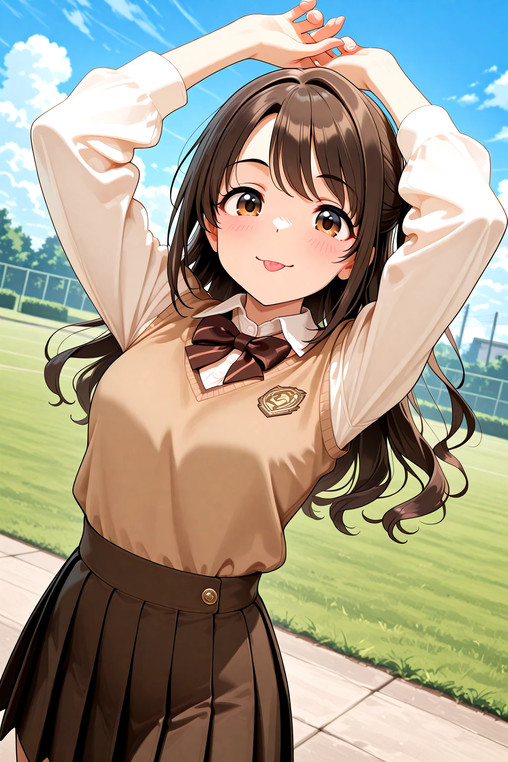 masterpiece, best quality, amazing quality, 1girl, solo, makeup, general, cowboy shot, looking at viewer, blush, dramatic angle, smile, outdoors, school yard, sky, arms up, tongue out, <lora:Shimamura_Uzuki_cinderella:0.7>, Shimamura_Uzuki_Cinderella, long hair, brown hair, brown eyes, one side up, (half updo), breasts, <lora:Brown_Schooluniform:1>, Brown_Schooluniform, white collared shirt, brown pleated skirt, long sleeves, school uniform, ((brown vest)), brown bowtie, striped bowtie, white socks, <lora:wai-A3-V140:1>, <lora:illustrious_noobai_epsilon_pred_1_masterpieces_v1:1>