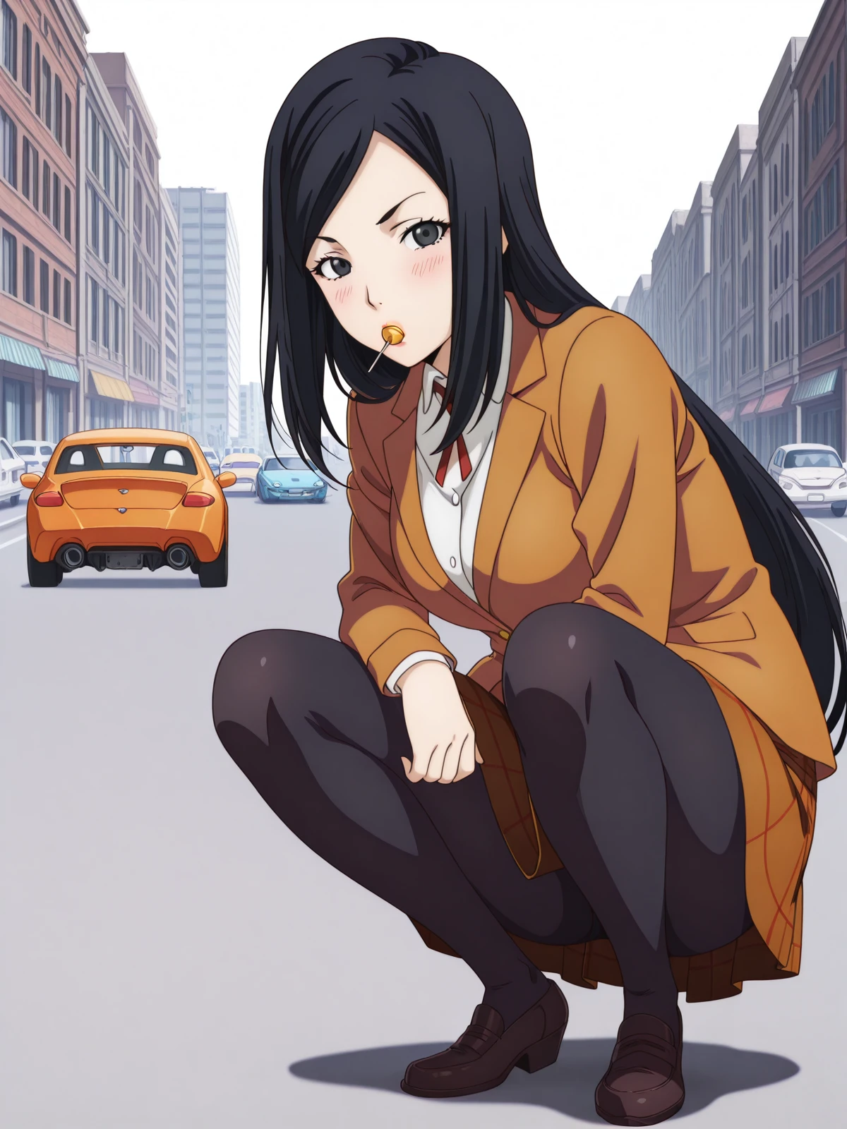 masterpiece, best quality, amazing quality,, <lora:mari-kurihara-s1-illustriousxl-lora-nochekaiser:1>, mari kurihara, long hair, black hair, black eyes, mature female, medium breasts, anime screencap, skirt, jacket, pantyhose, plaid, plaid skirt, blazer,, <lora:slav-squatting-illustriousxl-lora-nochekaiser:1>, slav squatting, solo, looking at viewer, blush, full body, mouth hold, squatting, candy, lollipop, food in mouth,, street, cars, buildings, city, people, cowboy shot, solo, looking at viewer, <lora:transparent-background-illustriousxl-lora-nochekaiser:1>, transparent background, simple background, white background