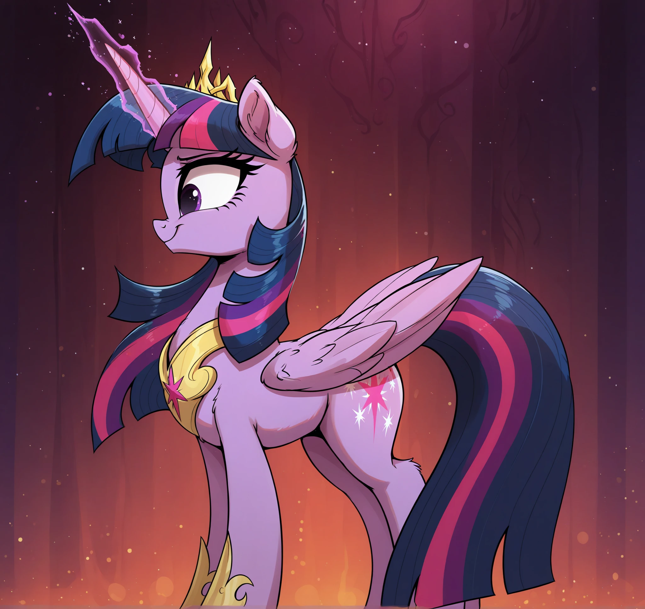 <lora:Light262_Style_Illustrious_r1:0.8> light262, light-cavern, masterpiece, best quality, 2024, 2023, hi res, hasbro, pony, my little pony, twilight sparkle, feral, alicorn, feathered wings, wings, purple eyes, cutie mark, side view, from side, BREAK detailed background at crystal brighthouse, from side, neutral, blank expression, relaxed face