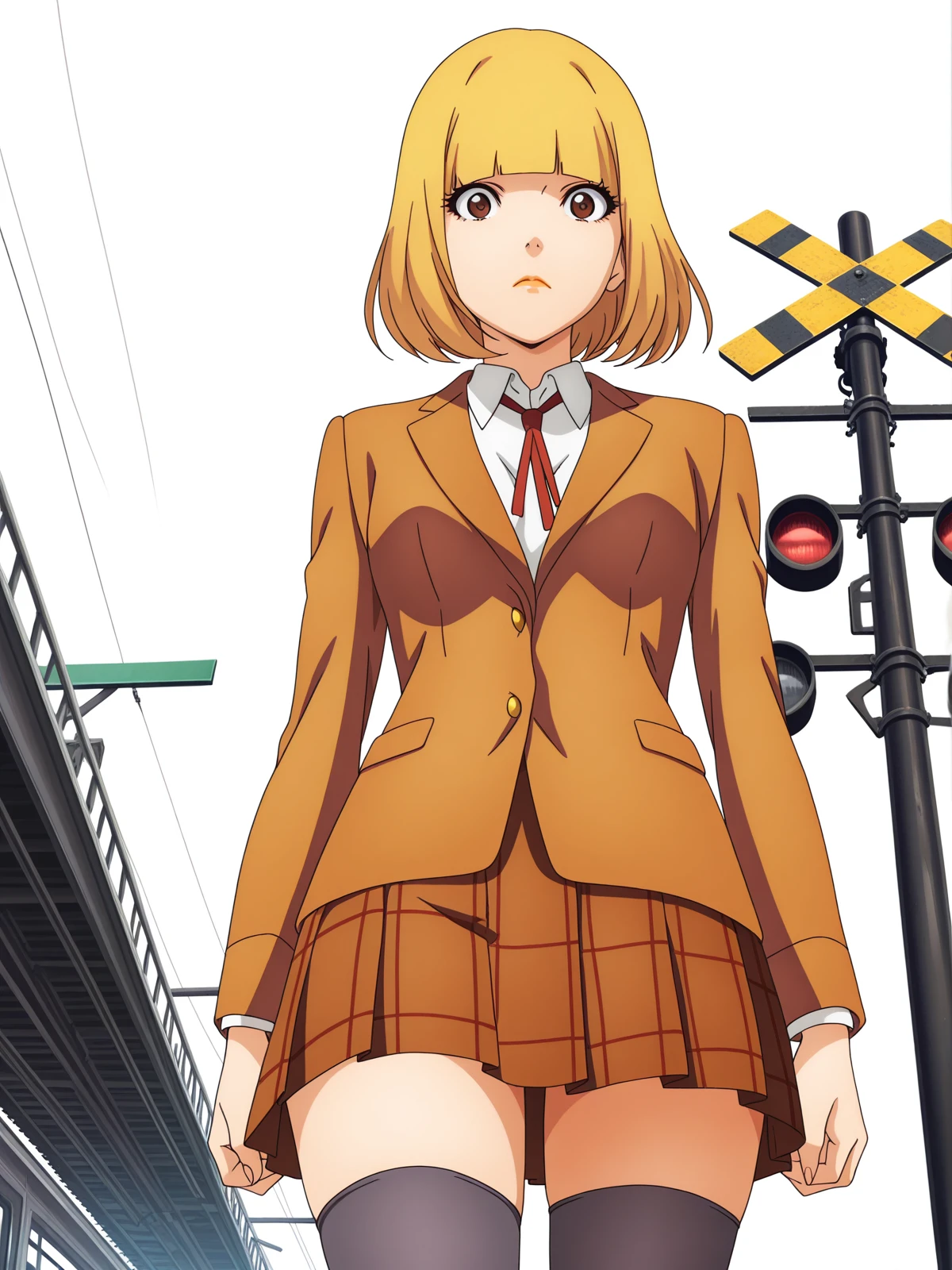 masterpiece, best quality, amazing quality,, <lora:hana-midorikawa-s1-illustriousxl-lora-nochekaiser:1>, hana midorikawa, short hair, bangs, blonde hair, brown eyes, blunt bangs, mature female, small breasts, anime screencap, skirt, shirt, thighhighs, black thighhighs, zettai ryouiki, blazer, brown blazer, brown skirt, from below, railroad crossing, sign, gate, train, street, cowboy shot, solo, looking at viewer, <lora:transparent-background-illustriousxl-lora-nochekaiser:1>, transparent background, simple background, white background