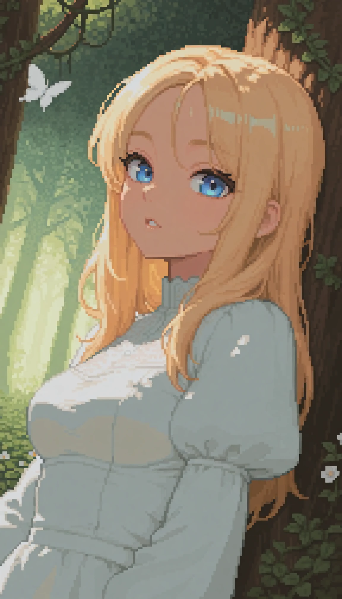 masterpiece, best quality, amazing quality, 4k, very aesthetic, ultra-detailed, (pixel art, dithering, pixelated, sprite art, 8-bit:1.2), (dappled sunlight:1.2), rim light, backlit, dramatic shadow, 1girl, long blonde hair, blue eyes, parted lips, medium breasts, puffy sleeve white dress, forest, flowers, white butterfly, looking at viewer, leaning side against tree, vines, green, arms, upper body, close-up, dutch angle, shiny skin, BREAK, dramatic shadow, volumetric lighting