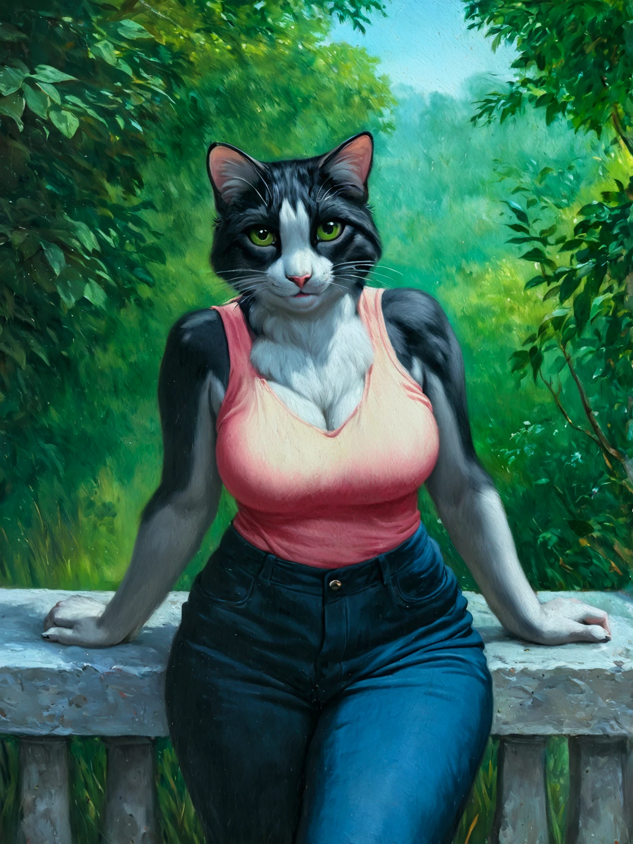 masterpiece, best quality, absurdres, highres, safe, cowboy shot, 1cat_girl, solo, smile, curvy, sleeveless shirt, furry, nature, oil painting, traditional medium