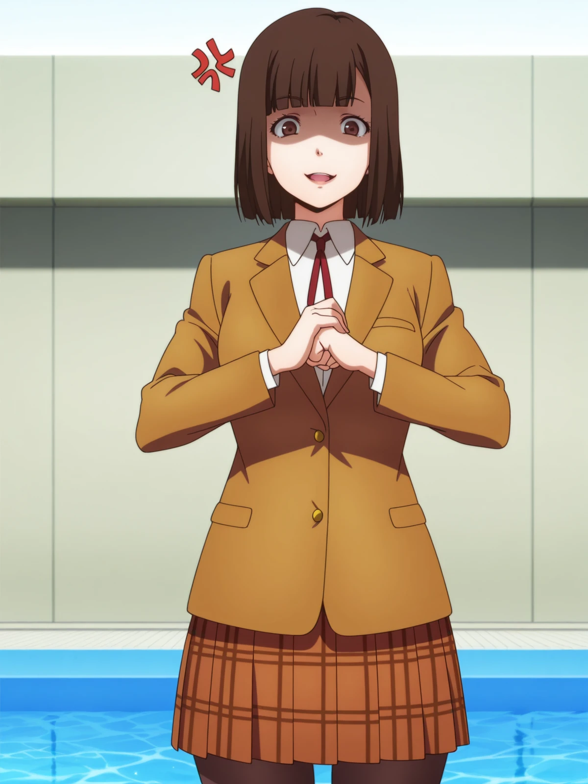 masterpiece, best quality, amazing quality,, <lora:chiyo-kurihara-s1-illustriousxl-lora-nochekaiser:1>, chiyo kurihara, brown hair, brown eyes, short hair, bangs, blunt bangs, mature female, medium breasts, anime screencap, skirt, jacket, pantyhose, plaid, plaid skirt, blazer,, <lora:cracking-knuckles-illustriousxl-lora-nochekaiser:1>, cracking knuckles, shaded face, open mouth, looking at viewer, looking down, fist in hand, own hands together, anger vein, false smile,, pool, water, swim, float, poolside, cowboy shot, solo, looking at viewer,