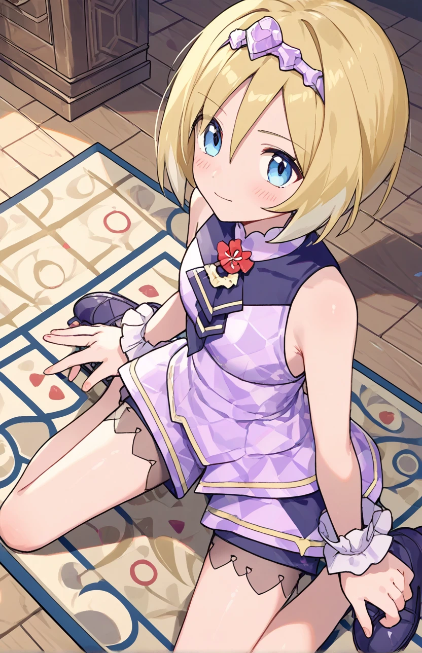 2d, masterpiece, best quality, amazing quality, highres, absurdres, newest, 1girl, solo, kneeling, seiza, from above, dutch angle, looking at viewer, carpet, wooden floor, aged up, annirida, irida \(pokemon\), blonde hair, blue eyes, short hair, hair between eyes, jewelry, tiara, purple ascot, red flower, sleeveless dress, purple dress, wrist cuffs, shorts under dress, purple shorts, shoes, purple footwear, score_9, score_8_up,score_7_up,source_anime