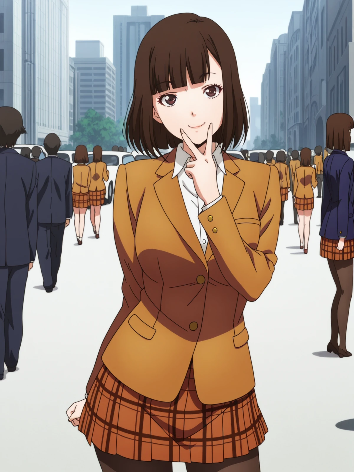 masterpiece, best quality, amazing quality,, <lora:chiyo-kurihara-s1-illustriousxl-lora-nochekaiser:1>, chiyo kurihara, brown hair, brown eyes, short hair, bangs, blunt bangs, mature female, medium breasts, anime screencap, skirt, jacket, pantyhose, plaid, plaid skirt, blazer,, v, v over mouth, smug,, city, buildings, streets, cars, people, cowboy shot, solo, looking at viewer,