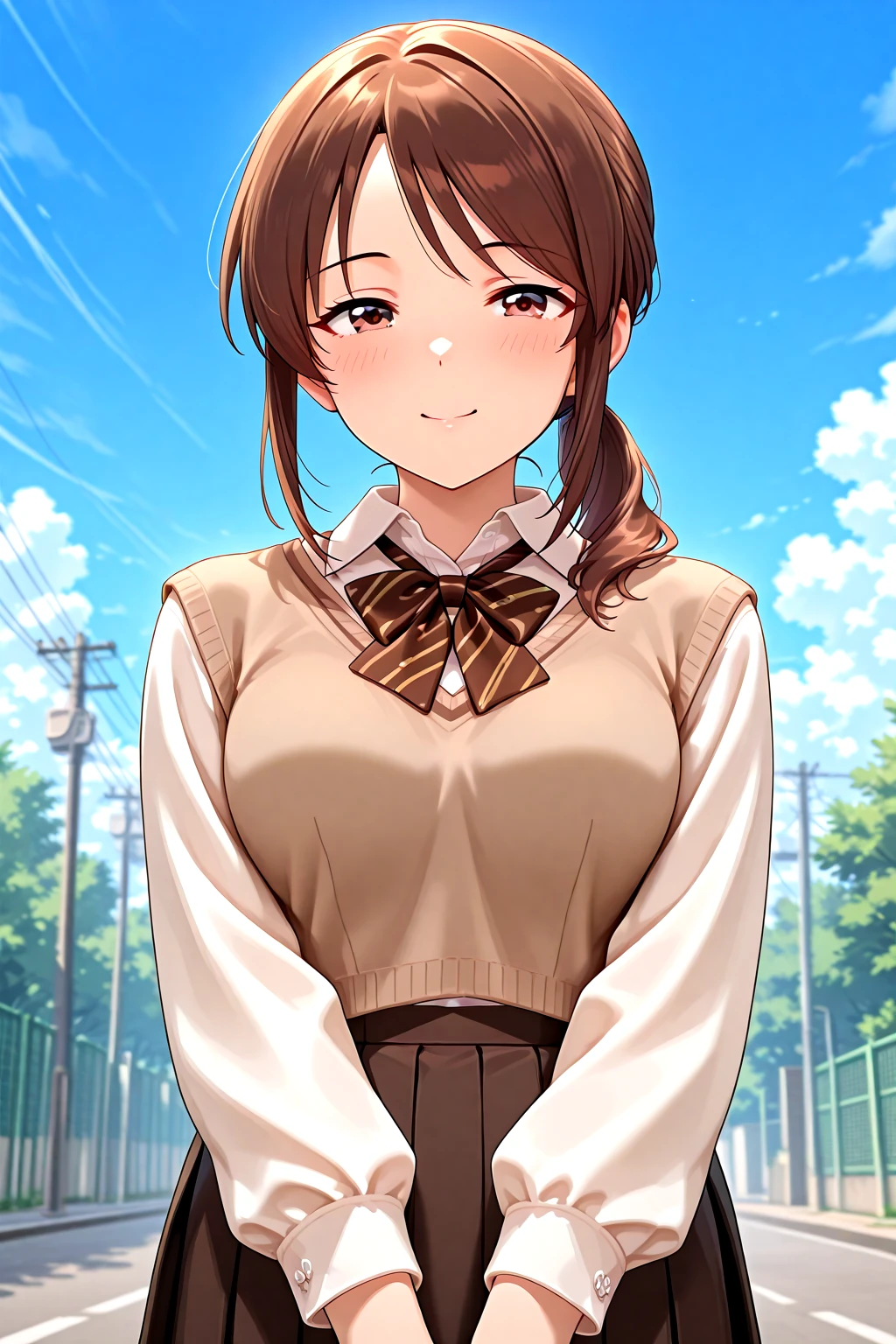 masterpiece, best quality, amazing quality, 1girl, solo, makeup, general, cowboy shot, looking at viewer, blush, dramatic angle, smile, shy, outdoors, sky, <lora:Mifune_Miyu_Cinderella:1>, Mifune_Miyu_Cinderella, brown hair, brown eyes, breasts, ponytail, sidelocks, <lora:Brown_Schooluniform:1>, Brown_Schooluniform, white collared shirt, brown pleated skirt, long sleeves, school uniform, brown vest, brown bowtie, striped bowtie, white socks, <lora:wai-A3-V140:1>, <lora:illustrious_noobai_epsilon_pred_1_masterpieces_v1:1>