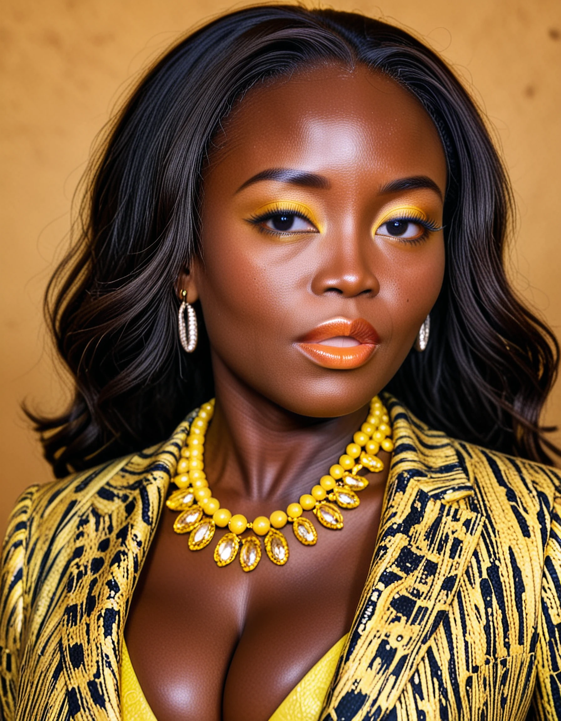 brakina, cleavage, dark-skinned female, 50-year-old woman, yellow bead necklace, lip gloss, layered hair, film grain, brocade jacket, high collar, fujifilm