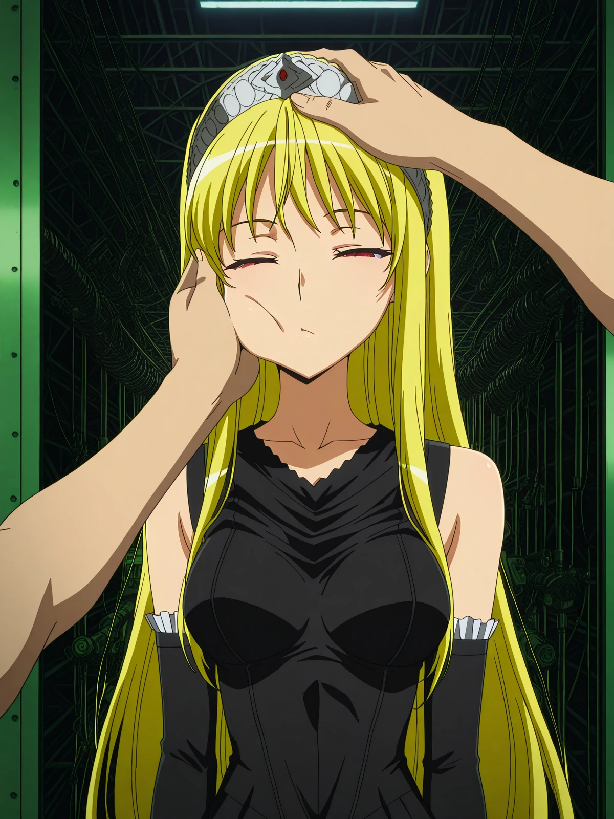 masterpiece, best quality, amazing quality,, <lora:kaibutsuoujo-liliane-s1-illustriousxl-lora-nochekaiser:1>, liliane, long hair, blonde hair, red eyes, very long hair, tiara, mature female, medium breasts, anime screencap, gloves, dress, detached sleeves, elbow gloves, black dress, bare shoulders, sleeveless dress, collarbone, long skirt,, <lora:pov-cheek-and-head-pat-illustriousxl-lora-nochekaiser:1>, pov cheek and head pat, pov cheek and head pat (meme), looking at viewer, upper body, closed eyes, solo focus, pov, hand on another's head, pov hands, headpat, hand on another's face, hand on another's cheek, petting,, factory, machines, workers, assembly, production, cowboy shot, solo, looking at viewer,