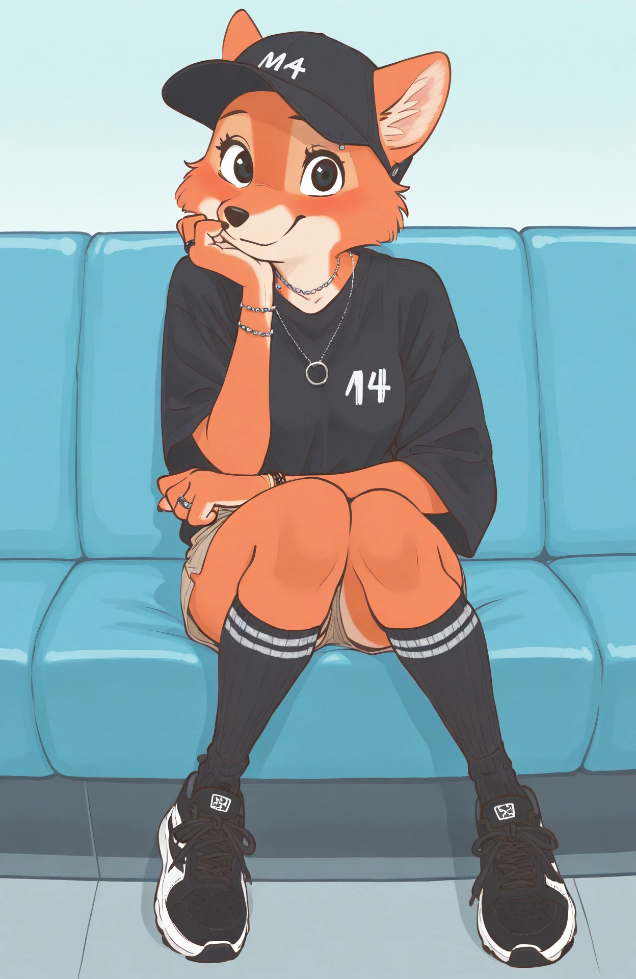 masterpiece, best quality, newest, absurdres, lazypos
m4r14n-p3np3n-st4le, orange fur, black eyes, ears
blue theme, 1girl, solo, shirt, hat, jewelry, sitting, shorts, shoes, socks, black footwear, necklace, bracelet, black shirt, black headwear, piercing, ring, black socks, sneakers, baseball cap
<lora:Marian-PenPen-style_il:0.9>