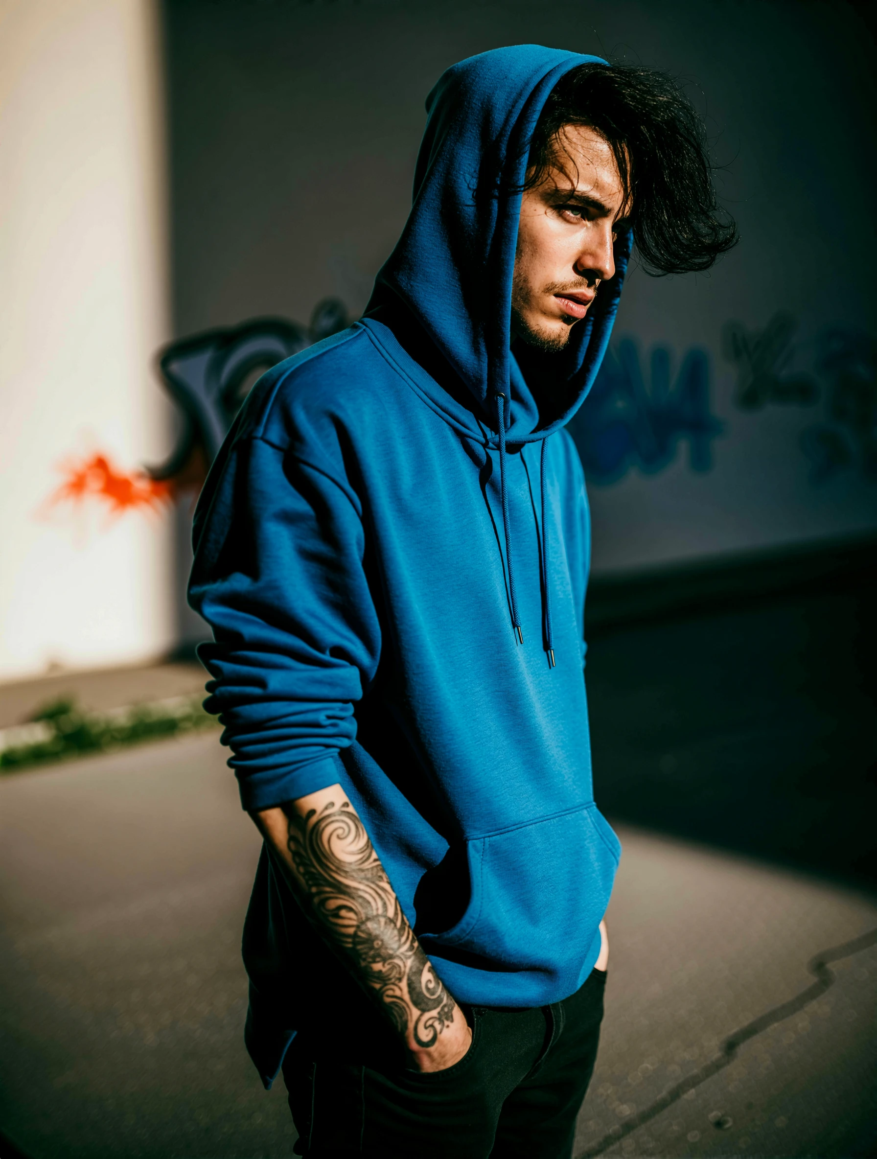 The young man stands tall, his broad shoulders hunched slightly as if braced against the weight of his own presence. His skin glows with a sun-kissed sheen, the texture roughened by a day spent under the cityâs relentless sun. A thick mane of coarse black hair falls in wild waves around his neck, some strands sticking to his forehead from sweat or rain. His face is sharpâhigh cheekbones, a narrow nose, and lips parted as if mid-laugh or mid-sentence. He wears a faded blue hoodie, its sleeves rolled up to reveal forearm tattoos that spiral like vines, the ink slightly blurred by time. The fabric hangs loose on his frame, the collar frayed at the edges, suggesting itâs been slept in and worn through countless hours of movement. His stance is deliberate, one foot planted forward, hands tucked into his pockets, fingers curled tight around something unseen. The hoodieâs hood shadows half his face, but his posture radiates control, as though he owns the street corner despite its chaos.
The mid shot frames him against a backdrop of cracked concrete and graffiti-scarred walls, the urban landscape bleeding into the frame at the edges. Natural light slants through a haze of smog, casting long shadows that stretch from his feet to the pavement. The light hits his face at an angle, highlighting the ridges of his jaw and the sheen of sweat on his brow, while the hoodieâs fabric catches the glow, making it look almost translucent in places. Behind him, a flicker of movementâa passing car, a shadowy figureâadds depth without distracting from his focus. The mood is tense, the air thick with the hum of distant sirens and the scent of exhaust. His hoodieâs faded blue contrasts against the gray concrete, making him pop like a beacon in the gloom. Every detailâthe way his fingers twitch slightly in his pockets, the faint crease in his foreheadâhints at a mind constantly calculating, always aware of his surroundings.
Shot in a realistic photographic style with shallow depth of field, the image captures the raw grit of urban life while keeping the young man as the sole focal point. The cameraâs lens sharpens his features, rendering every pore and wrinkle in hyperdetail, while the background blurs into a smudge of color and texture. Natural light bathes him in a cold, clinical glow, making the hoodieâs fabric look almost like leather, the sweat on his skin glistening like oil. The composition leans in close, framing his face just above the collar of the hoodie, forcing the viewer to stare at his expressionâa mix of confidence and quiet intensity. Thereâs no softness here; every element is stark, from the harsh shadows under his eyes to the way the light fractures across the pavement behind him. Itâs a portrait of a man who exists on the edge of the city, alive and unapologetic, captured in a moment that feels both intimate and defiantly real.