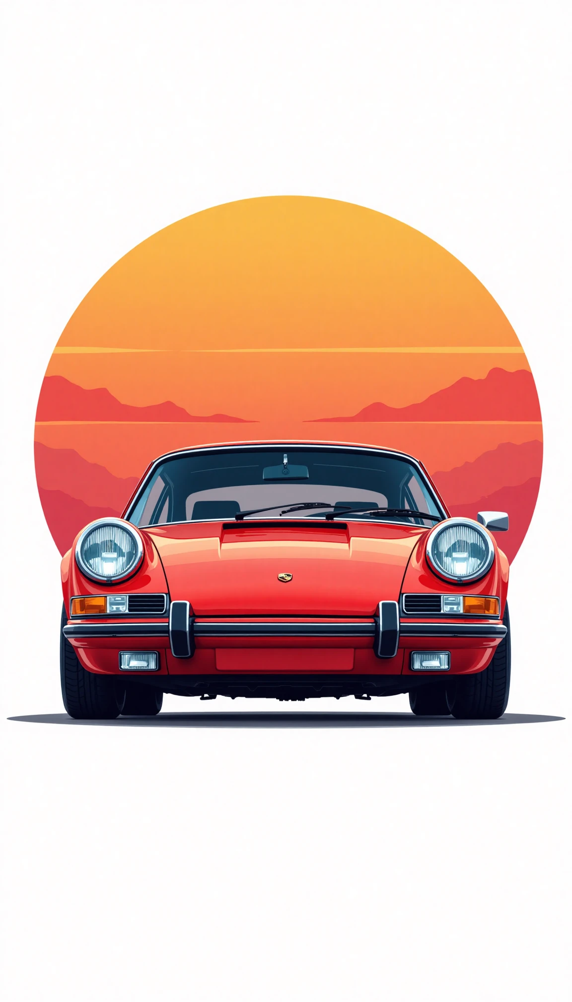 8k, best quality, masterpiece, artwork of t-shirt graphic design, flat design of one retro Porsche 911 red, colorful shades, highly detailed clean, vector image, ultra realistic car, simple sunrise backdrop for car, flat white background, isometric, vibrant vector, vector style, 2d, flat, illustration, 256 colors