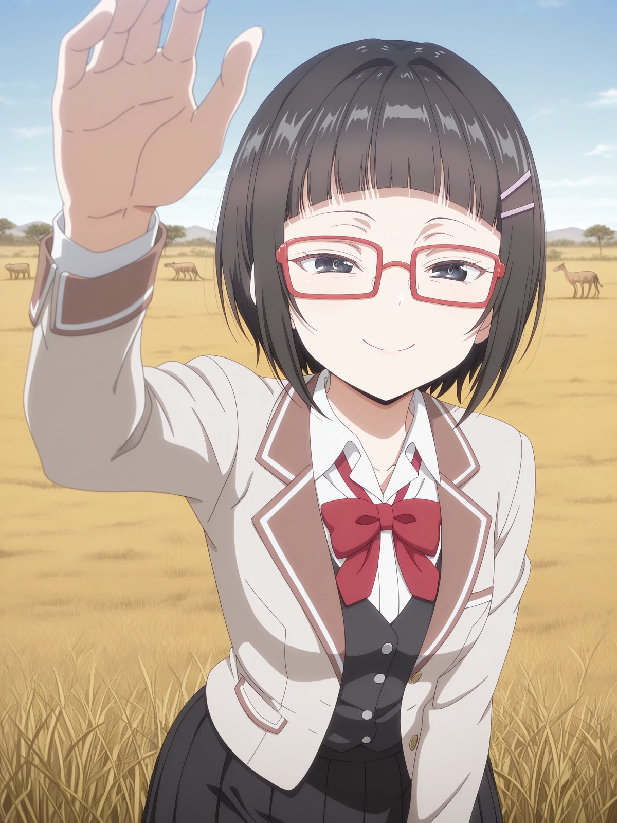 masterpiece, best quality, amazing quality,, <lora:sayaka-taniyama-s1-illustriousxl-lora-nochekaiser:1>, sayaka taniyama, black eyes, black hair, short hair, bangs, blunt bangs, hair clip, glasses, red-framed eyewear, mature female, small breasts, anime screencap, shirt, bow, jacket, white shirt, collared shirt, bowtie, red bow, blazer, red bowtie, black skirt, pleated skirt,, <lora:incoming-headpat-illustriousxl-lora-nochekaiser:1>, incoming headpat, headpat, pov, outstretched arm, reaching, reaching towards viewer, looking at viewer, smile,, savannah, grass, wildlife, hot, open, cowboy shot, solo, looking at viewer,