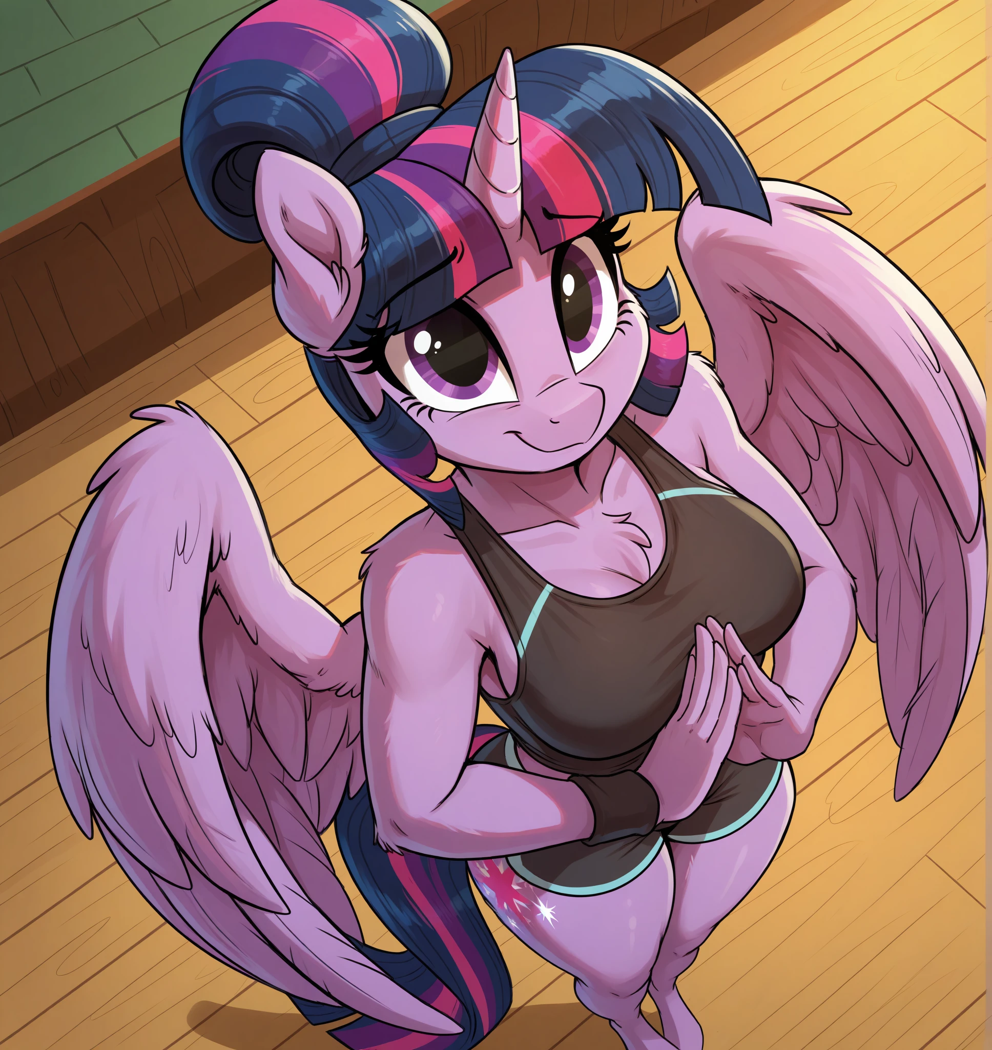 <lora:Light262_Style_Illustrious_r1:0.7> light262, light-cavern, masterpiece, best quality, 2024, 2023, hi res, hasbro, my little pony, twilight sparkle, anthro, alicorn, feathered wings, wings, wide hips, unguligrade anthro, furry female, purple eyes, BREAK, clothed, clothing, detailed background BREAK , overhead shot, from above, relieved, exhale, relaxed shoulders, slight smile, hands doing yoga mudra, at canterlot high