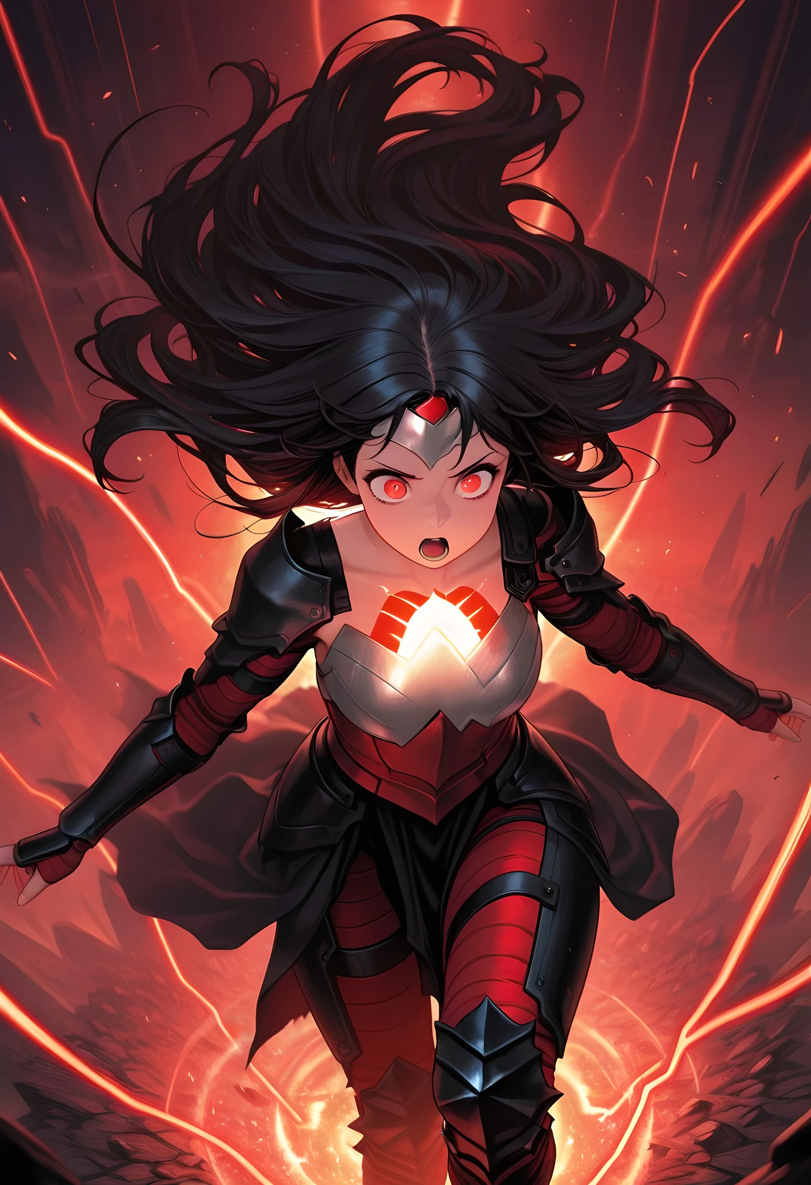 masterpiece, best quality, amazing quality, absurdres, 1girl, solo, long hair, open mouth, armor, floating hair, black hair, glowing, <lora:Absolute_Wonder_Woman:1.0>