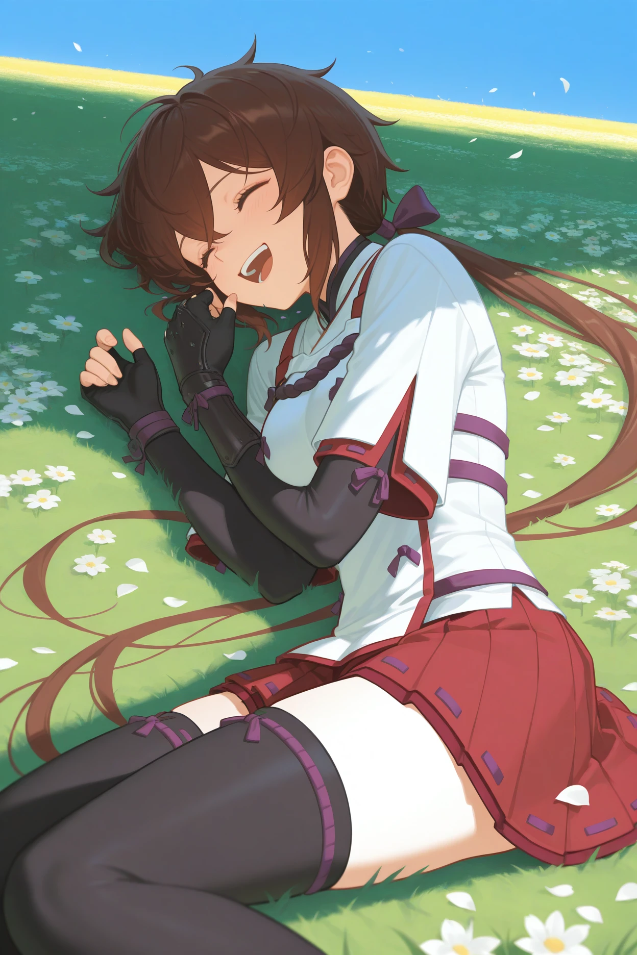 masterpiece, best quality, 1girl, solo, <lora:xclora-illu-nvwls-v1-000006:1> xclo, brown hair, low ponytail, hair between eyes, , white tunic, ribbon trim, short sleeves, red skirt, pleated skirt, miniskirt, black gloves, fingerless gloves, elbow gloves, black thighhighs, lying on side, blue sky, closed eyes, laughing, flower petals, grass, field, medium breasts