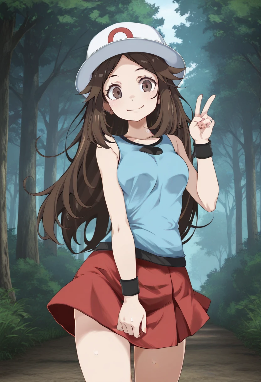 1girl, solo, frlgleaftsukishiro, print hat, white headwear, brown hair, very long hair, parted bangs, hair flaps, brown eyes, blue shirt, sleeveless shirt, black wristband, red skirt, outdoors, forest, smile, v, peace, cowboy shot, standing,