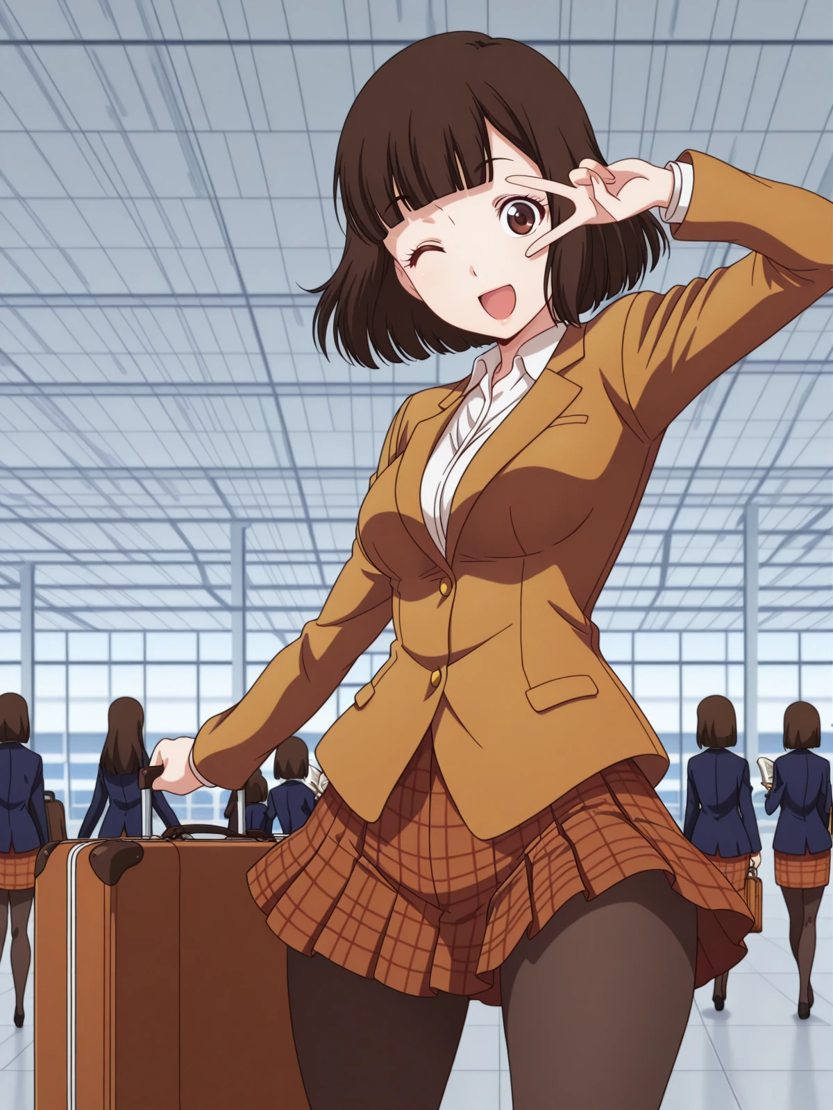 masterpiece, best quality, amazing quality,, <lora:chiyo-kurihara-s1-illustriousxl-lora-nochekaiser:1>, chiyo kurihara, brown hair, brown eyes, short hair, bangs, blunt bangs, mature female, medium breasts, anime screencap, skirt, jacket, pantyhose, plaid, plaid skirt, blazer,, <lora:curemelody-pose-illustriousxl-lora-nochekaiser:1>, curemelody pose, solo, smile, open mouth, one eye closed, v, ;d, v over eye, hands up, cowboy shot, airport, waiting area, suitcase, flight delayed, passengers, reading book, cowboy shot, solo, looking at viewer,