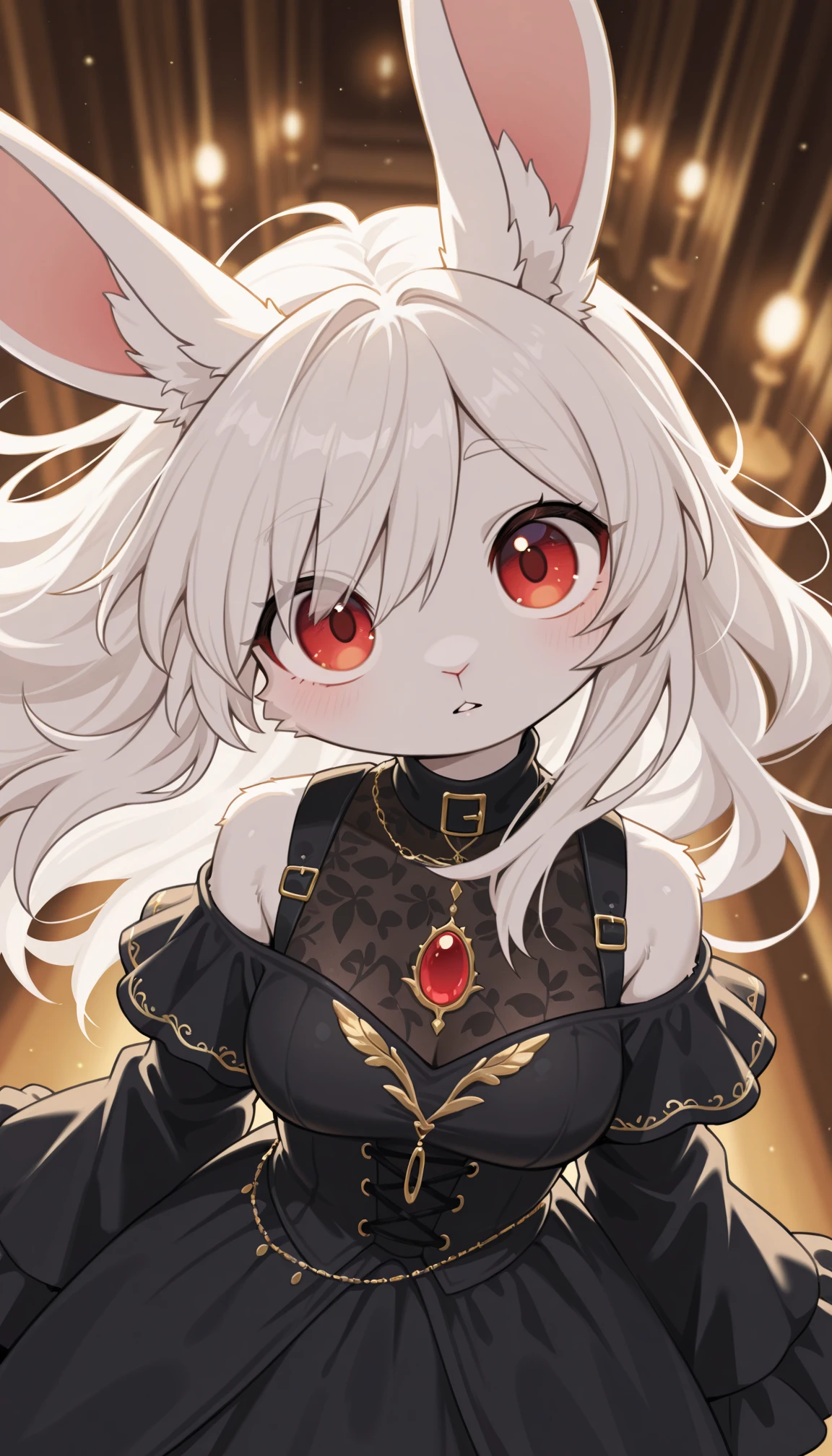 masterpiece, best quality, amazing quality, very aesthetic, 4k, high resolution, ultra-detailed, absurdres, newest, scenery, 1girl, furry, anthro, solo, rabbit girl, clothed, body fur, white rabbit, white fur, fluffy, medium breasts, long white hair, floating hair, looking at viewer, upturned eyes, cute, head tilt, red eyes, big eyes, (luxurious gothic:1.2) turtleneck off-shoulder strap black dress, (red gem, gold embedded clothes:1.2), long detached puffy wide sleeves, upper body, long rabbit ears, portrait, close-up, from above, dutch angle, rim light, BREAK, depth of field, extremely detailed fluffy fur, volumetric lighting