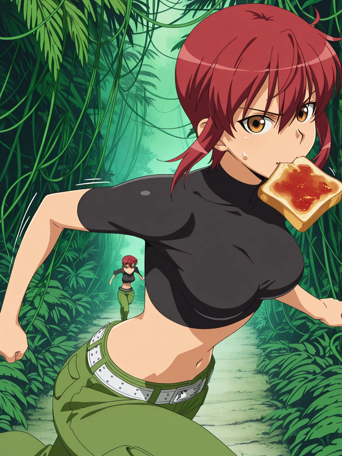masterpiece, best quality, amazing quality,, <lora:riza-wildman-s1-illustriousxl-lora-nochekaiser:1>, riza wildman, short hair, brown eyes, red hair, hair between eyes, sidelocks, mature female, medium breasts, anime screencap, shirt, short sleeves, midriff, belt, pants, crop top, cropped shirt, green pants, black shirt, turtleneck,, <lora:food-in-mouth-running-illustriousxl-lora-nochekaiser:1>, food in mouth running, food in mouth, running, bread, bread slice, food, toast in mouth, toast, sweatdrop, motion lines, motion blur, outdoors, cowboy shot, from side, jungle, dense, wildlife, vines, green, cowboy shot, solo, looking at viewer,