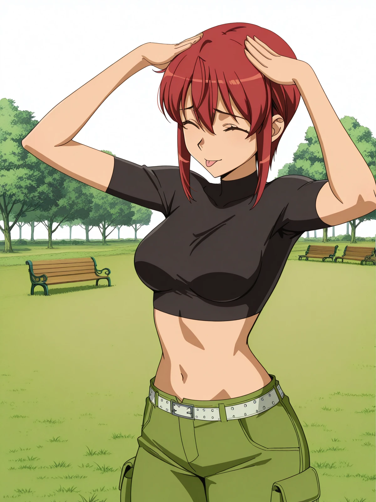 masterpiece, best quality, amazing quality,, <lora:riza-wildman-s1-illustriousxl-lora-nochekaiser:1>, riza wildman, short hair, brown eyes, red hair, hair between eyes, sidelocks, mature female, medium breasts, anime screencap, shirt, short sleeves, midriff, belt, pants, crop top, cropped shirt, green pants, black shirt, turtleneck,, <lora:ah-eto-bleh-illustriousxl-lora-nochekaiser:1>, ah eto bleh, ah eto... bleh (meme), hands on own head, meme, arms on head, tongue out, closed eyes,, park, grass, benches, path, recreation, cowboy shot, solo, looking at viewer, <lora:transparent-background-illustriousxl-lora-nochekaiser:1>, transparent background, simple background, white background