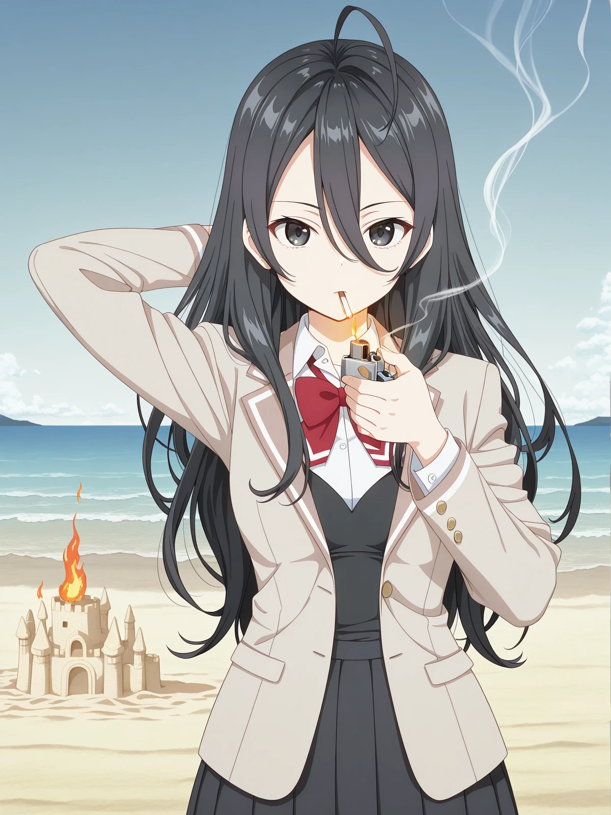 masterpiece, best quality, amazing quality,, <lora:ayano-kimishima-s1-illustriousxl-lora-nochekaiser:1>, ayano kimishima, black hair, black eyes, ahoge, long hair, hair between eyes, mature female, small breasts, anime screencap, shirt, bow, jacket, white shirt, collared shirt, bowtie, red bow, blazer, red bowtie, black skirt, pleated skirt,, <lora:lighting-cigarette-illustriousxl-lora-nochekaiser:1>, lighting cigarette, lighter, holding lighter, cigarette, smoking, fire, smoke, holding, upper body, straight-on,, beach, sand castle, swimsuit, summer vacation, ocean wave, hands behind head, cowboy shot, solo, looking at viewer,