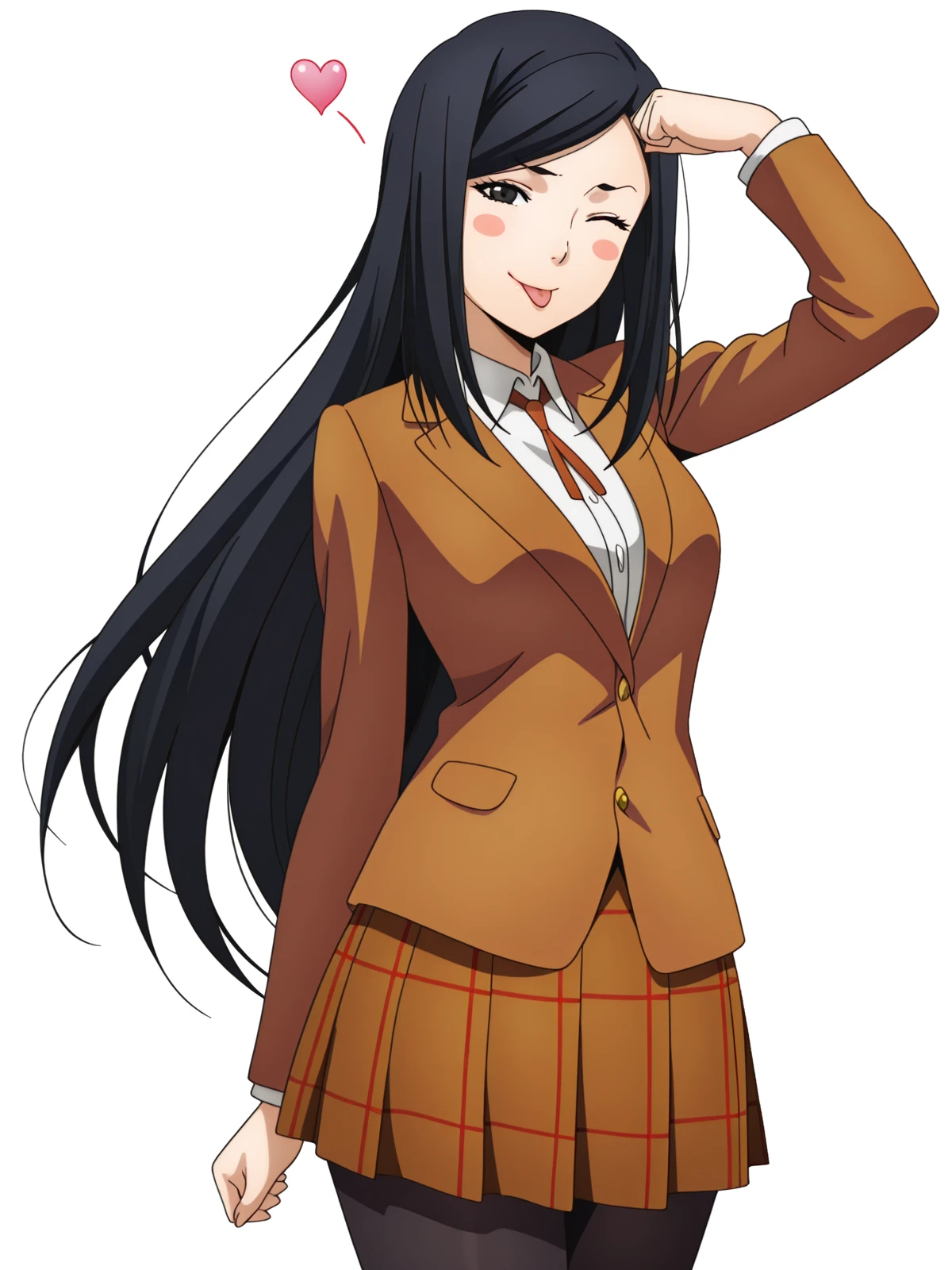 masterpiece, best quality, amazing quality,, <lora:mari-kurihara-s1-illustriousxl-lora-nochekaiser:1>, mari kurihara, long hair, black hair, black eyes, mature female, medium breasts, anime screencap, skirt, jacket, pantyhose, plaid, plaid skirt, blazer,, <lora:dojikko-pose-illustriousxl-lora-nochekaiser:1>, dojikko pose, blush, heart, blush stickers, smile, tongue out, arm up, looking at viewer, one eye closed, dungeon, stone_walls, chains, torches, dark, cowboy shot, solo, looking at viewer, <lora:transparent-background-illustriousxl-lora-nochekaiser:1>, transparent background, simple background, white background